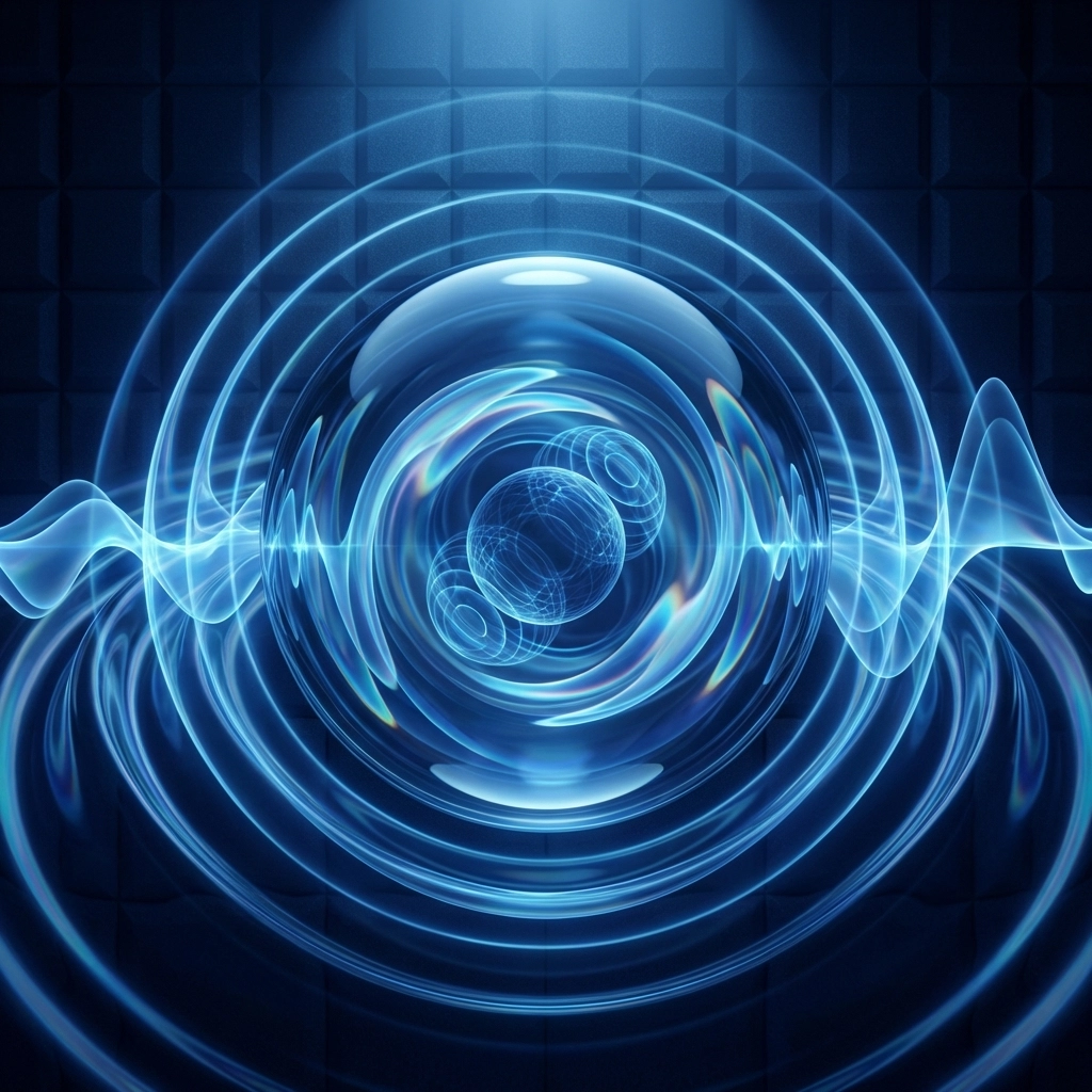 Close-up of a water droplet radiating bold blue concentric wave patterns, representing pure sound clarity and audio quality.
