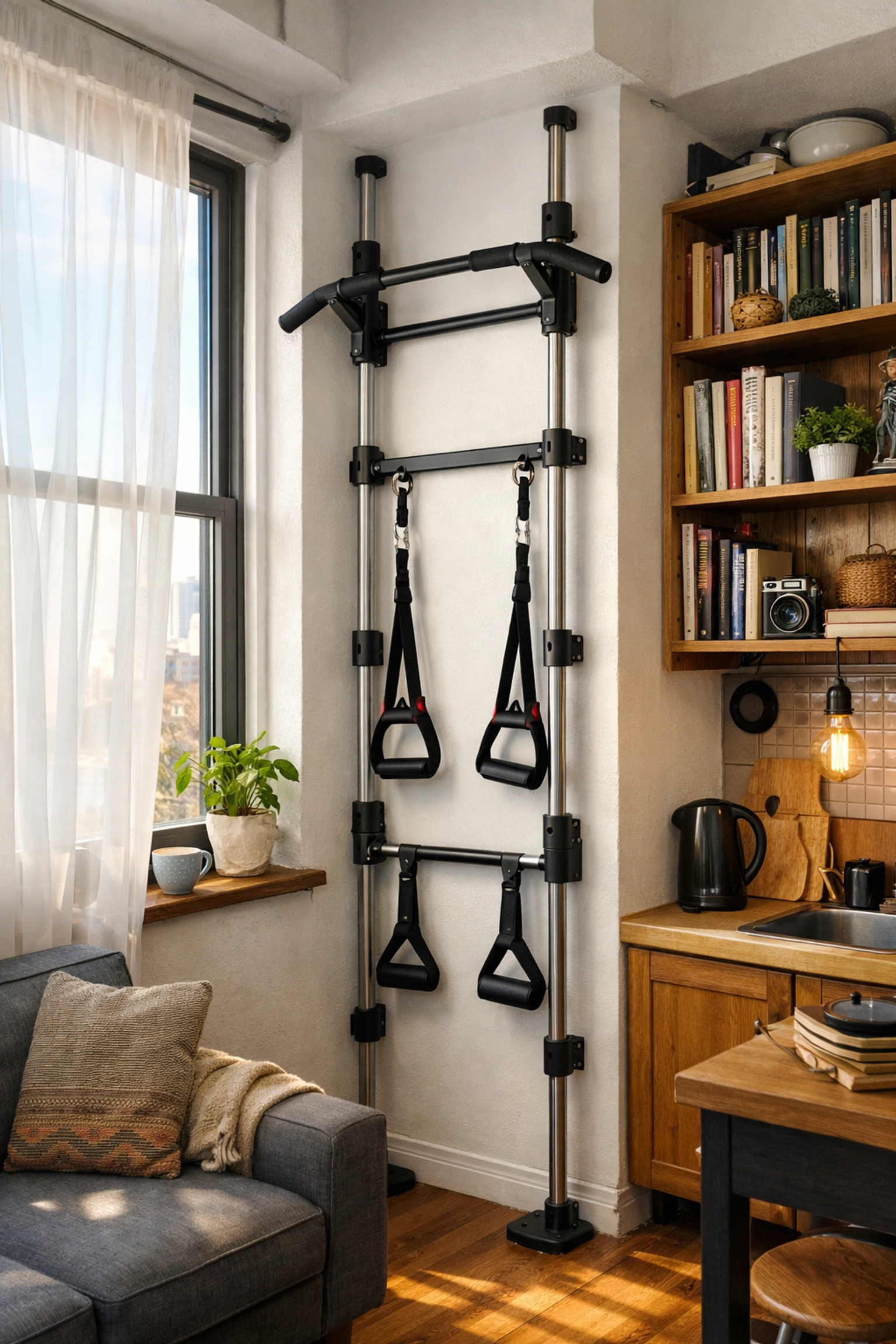 Space-saving home gym equipment in a studio apartment, showing a versatile floor to ceiling gym rail.