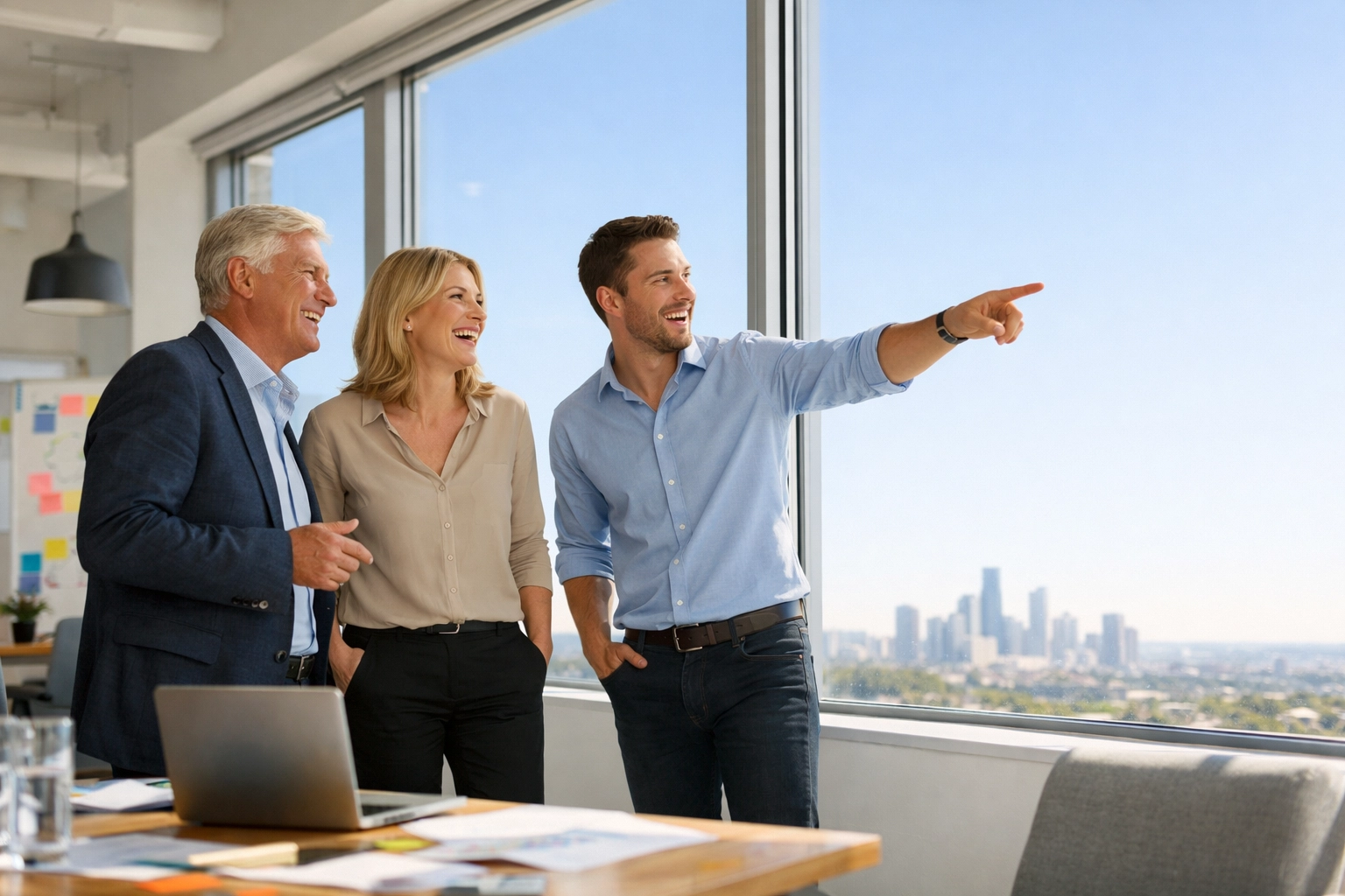 Professionals planning the Alberta greenhouse revolution in a bright, sun-filled modern office space.