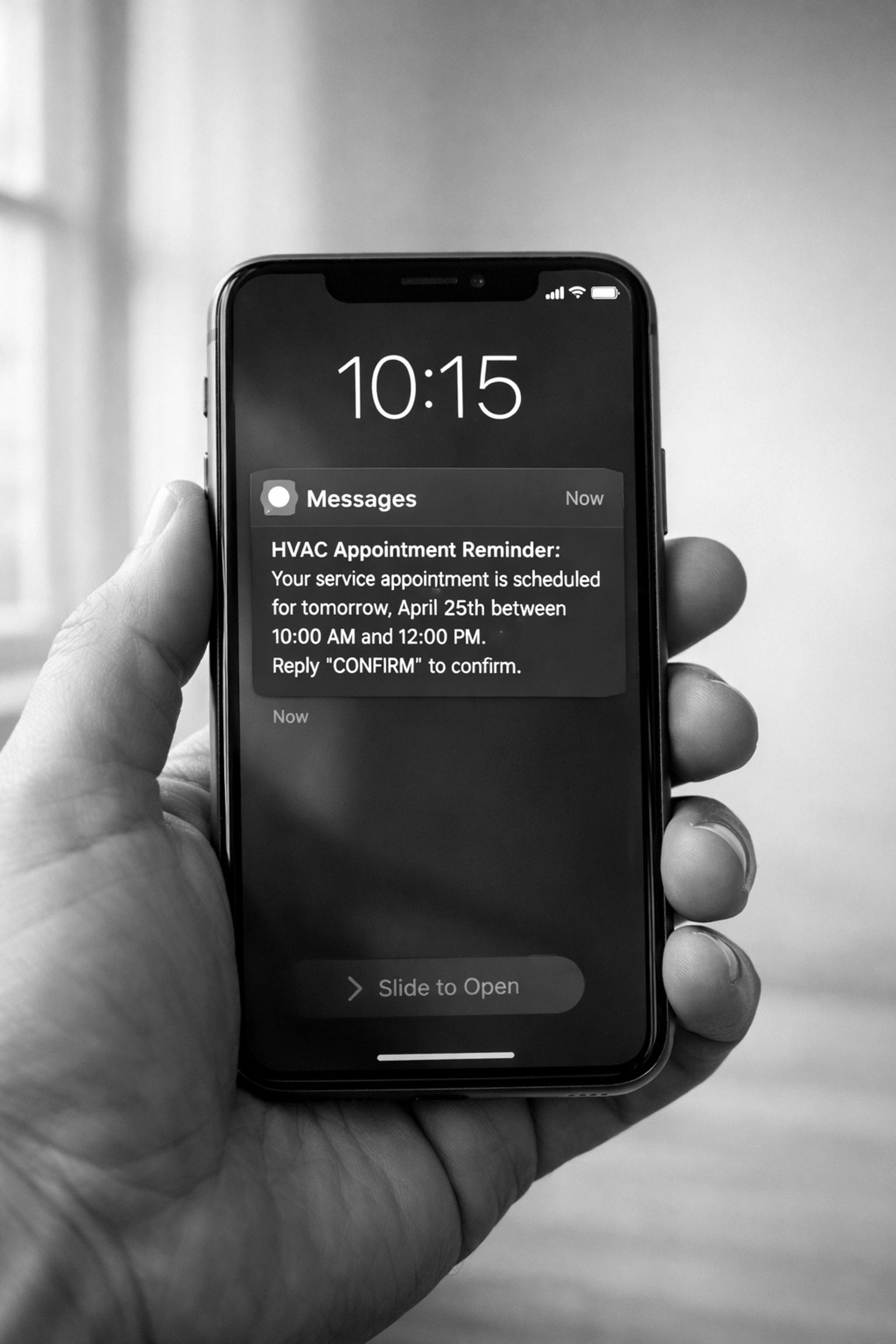 Smartphone displaying HVAC appointment reminder text message