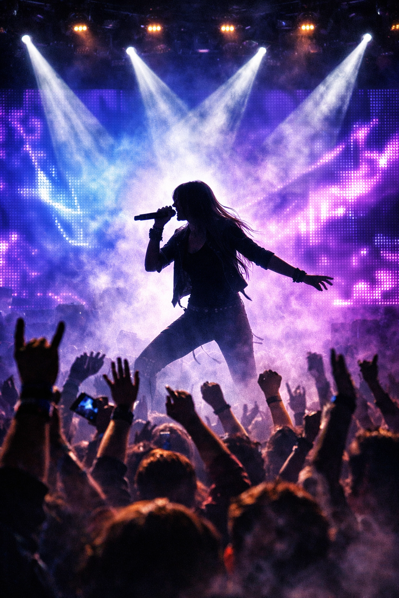 Silhouette of a lead singer performing at a high-energy Linkin Park stadium concert with blue lights.