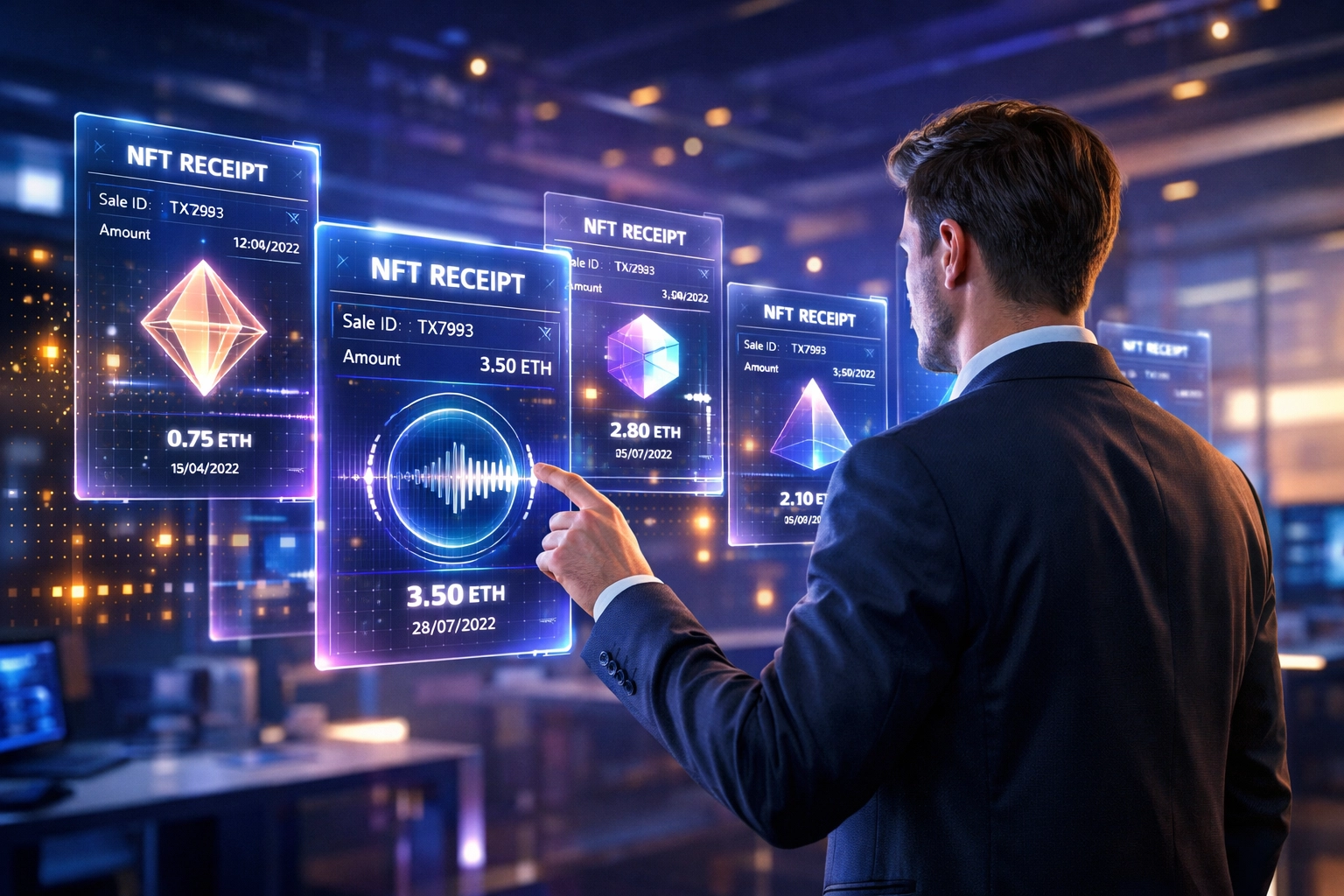 A professional viewing a digital gallery of NFT receipts for automated Web3 global payments and merchant accounting.