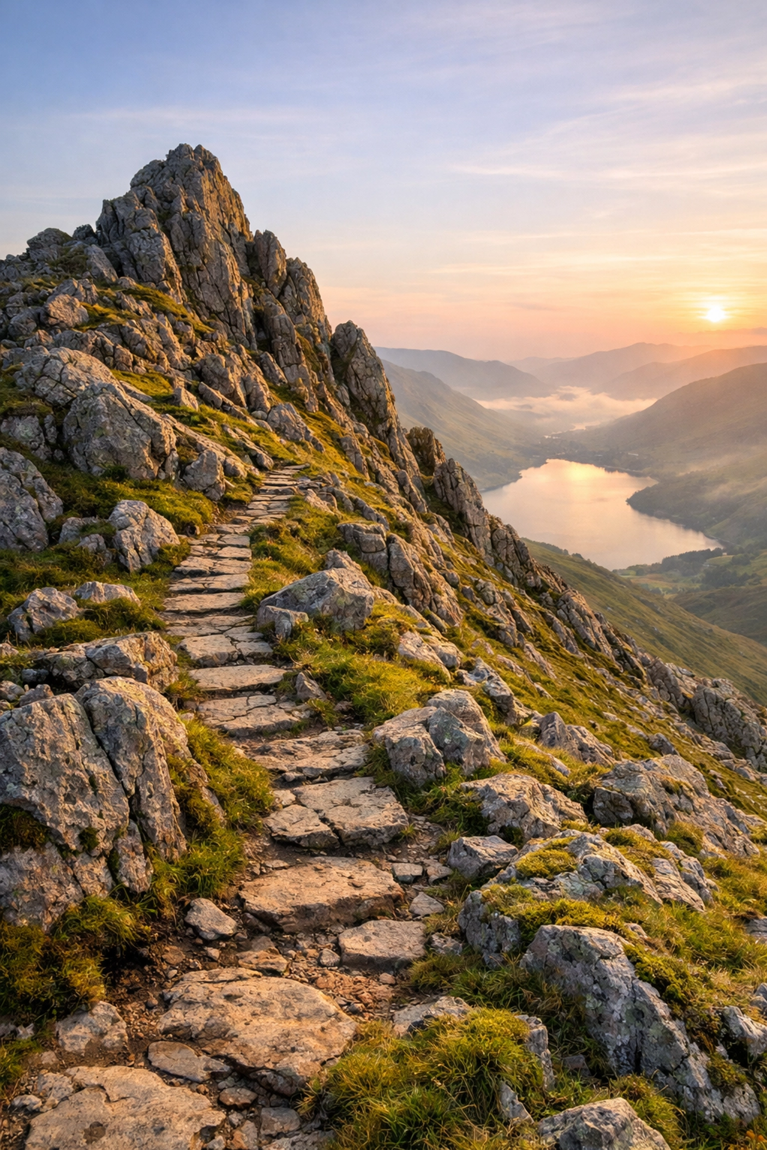 Rugged mountain peak and winding path at sunrise, ideal for guided walks lake district adventures.