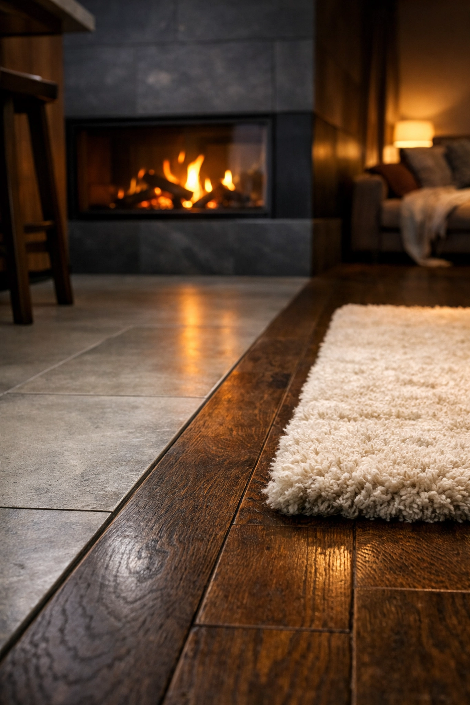 Luxury kitchen design in West Sussex showing a transition from limestone tiles to a warm oak snug area.