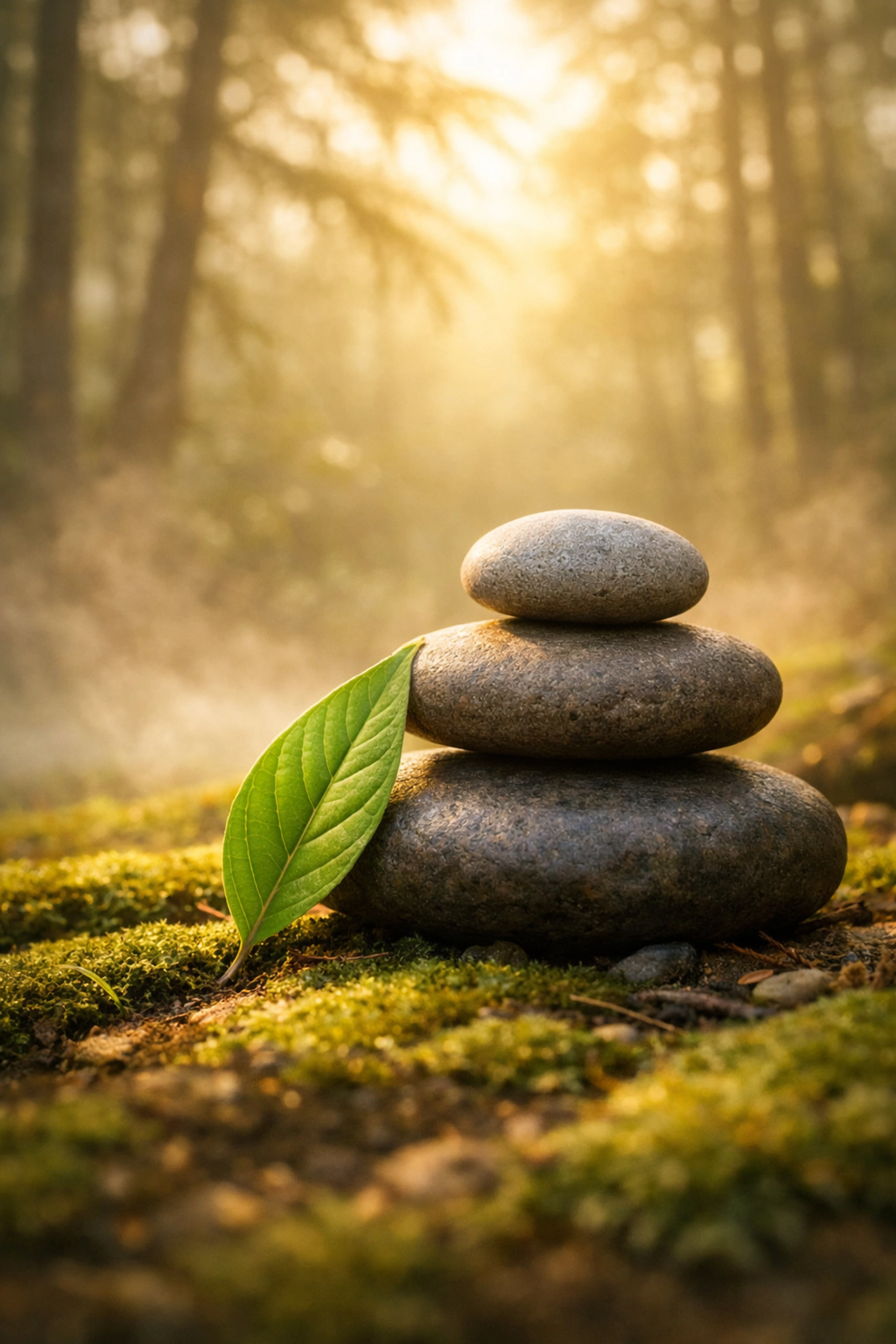 Balanced Zen stones on a mossy floor representing the three dimensions of healing: body, soul, and spirit.