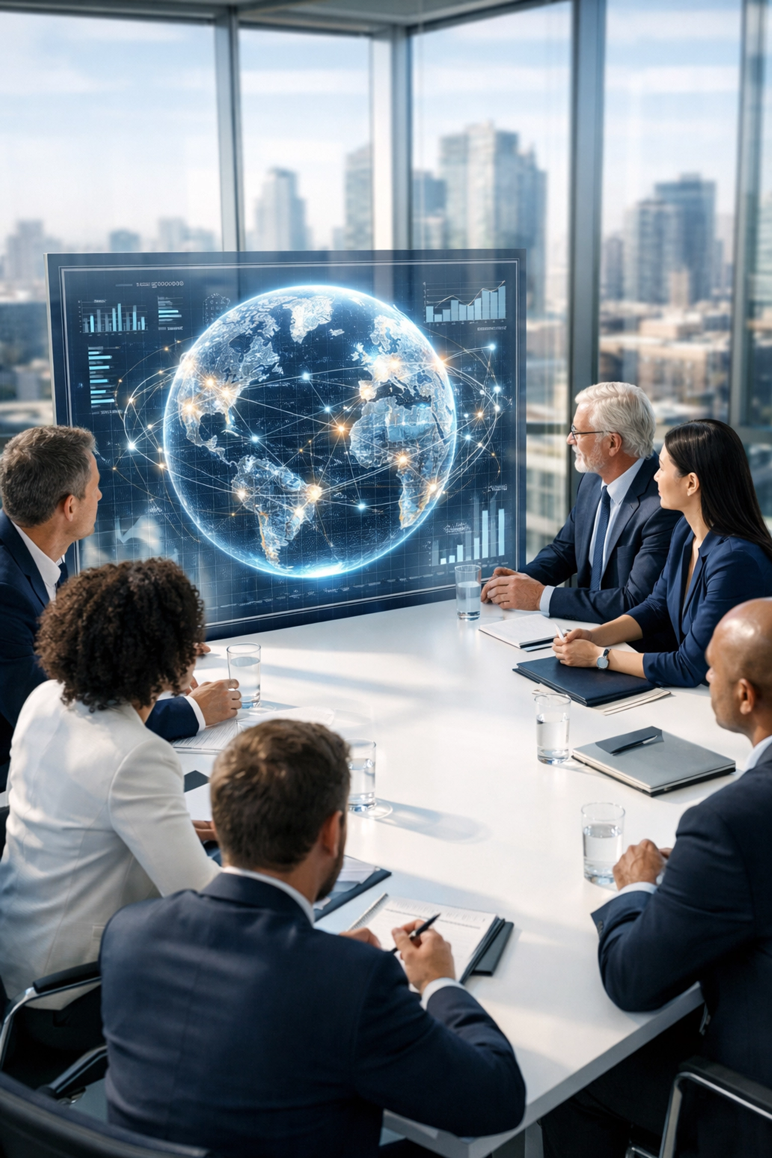 Corporate strategists reviewing global network data to scale sports and entertainment brands.