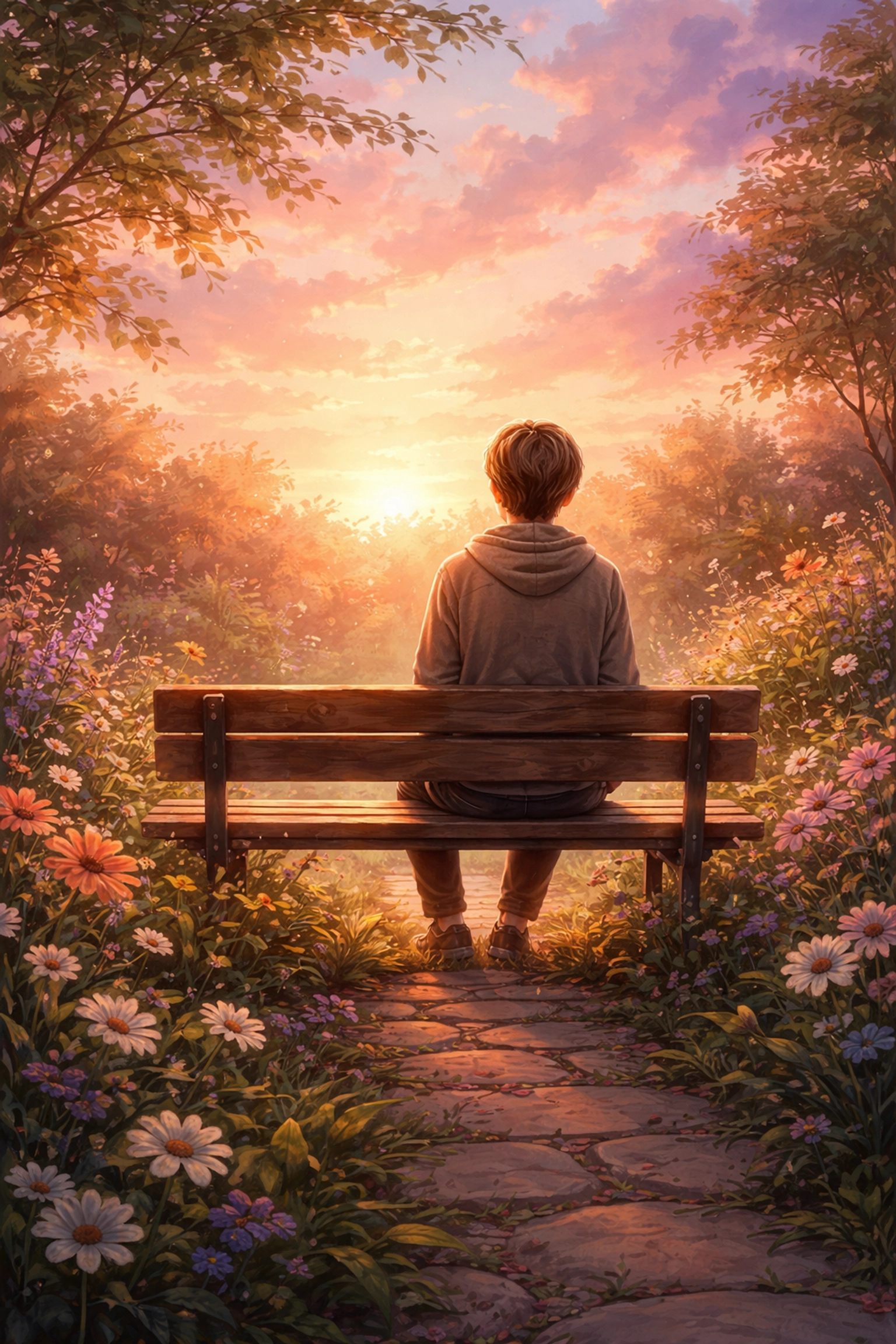 Person sitting peacefully on a garden bench at sunset, representing hope and reflection during healing challenges