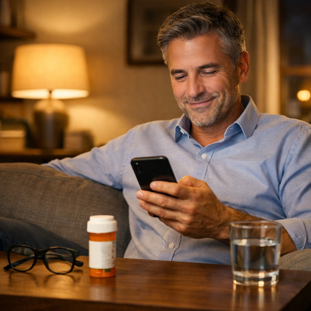 Professional using text-based telehealth to refill prescription medication after work hours