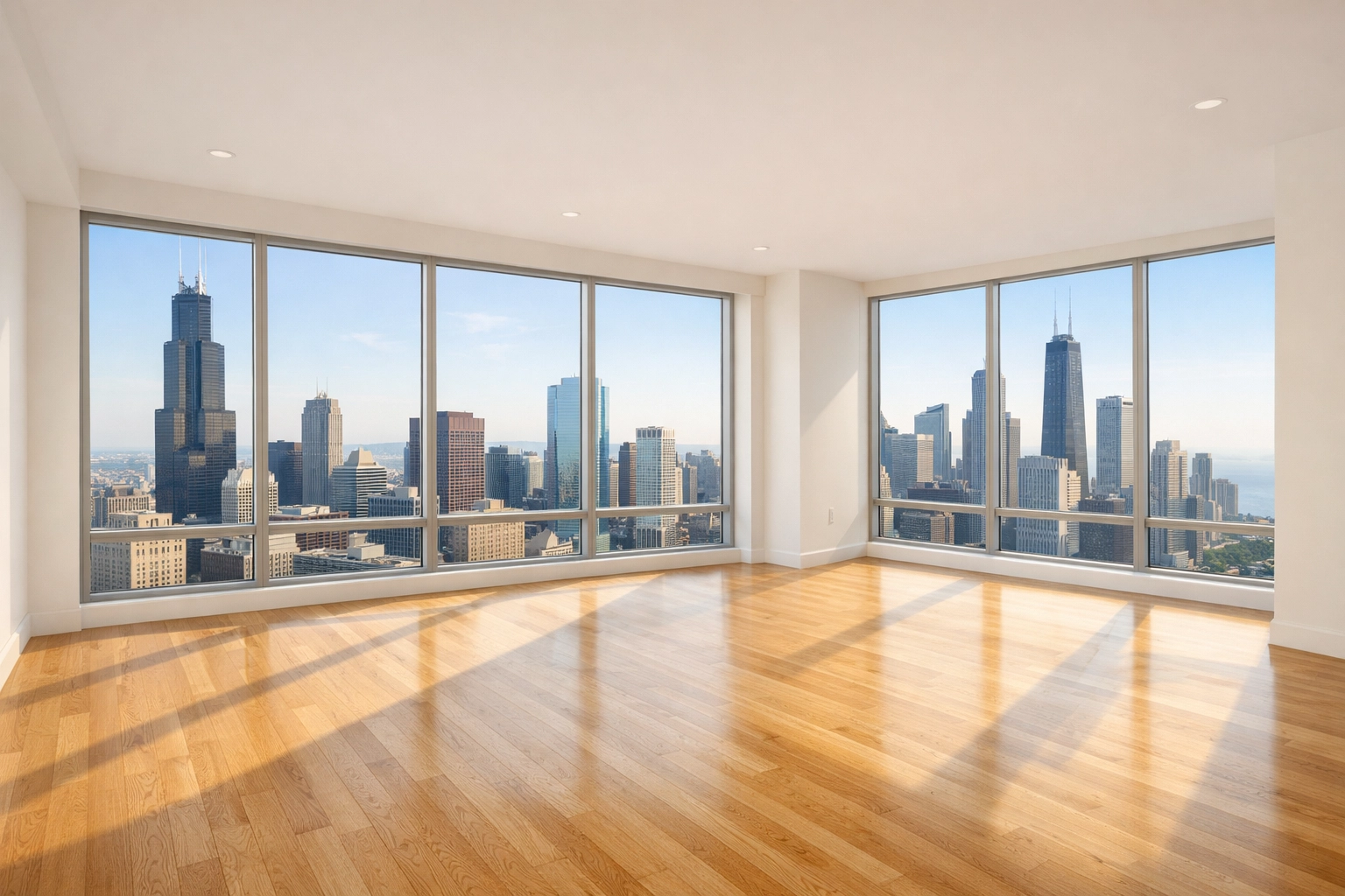 Pristine vacant Chicago apartment with polished floors and city views, showcasing move-in cleaning standards.