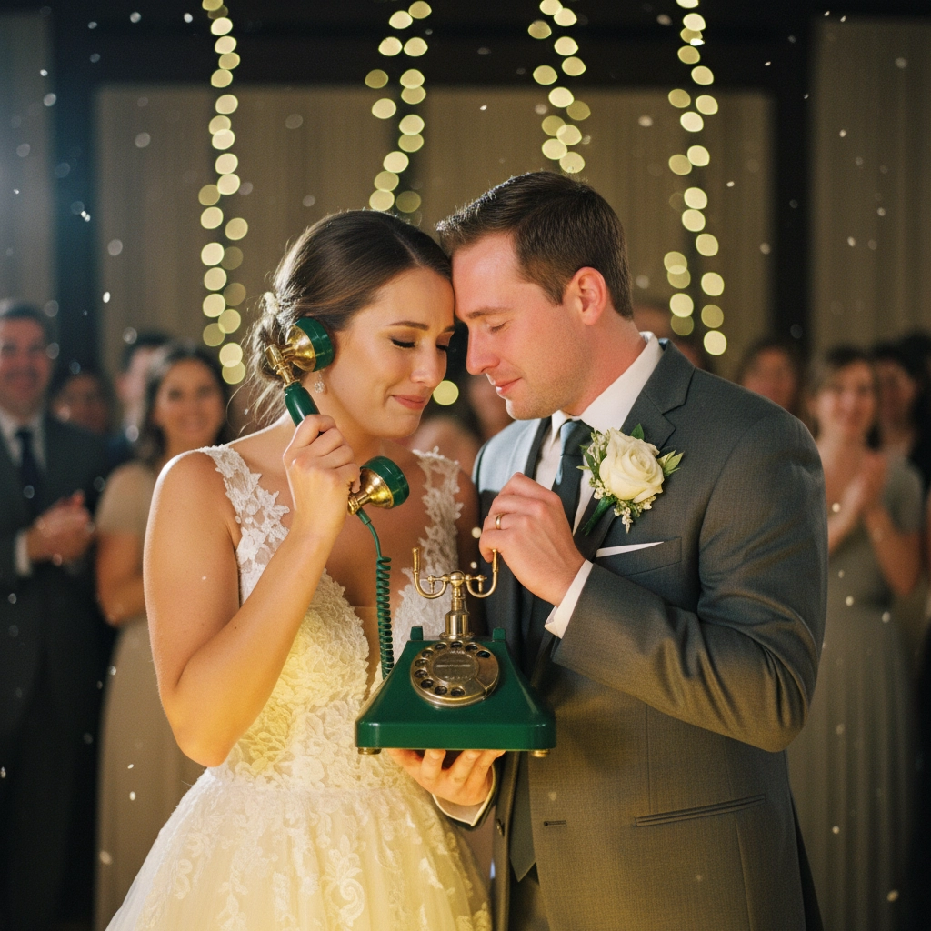 Bride and groom hold vintage green phone, smiling amidst soft lights and guests in the background. Romantic and warm atmosphere.