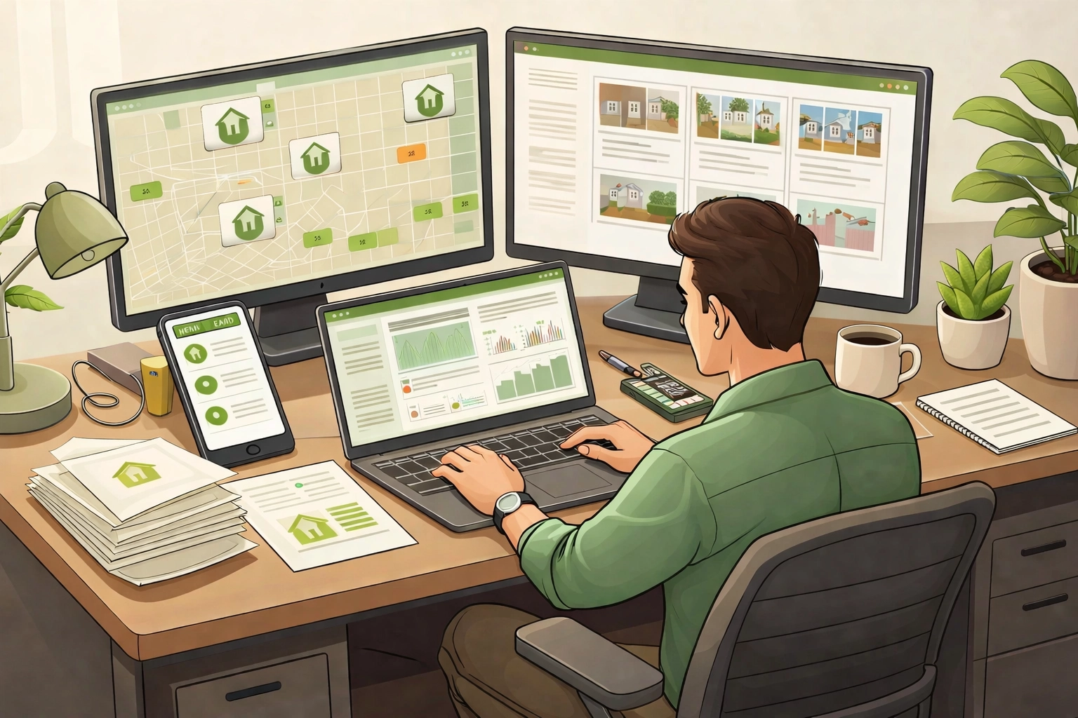 Real estate investor at desk analyzes local property data, prospecting off-market deals for profitable rehabs