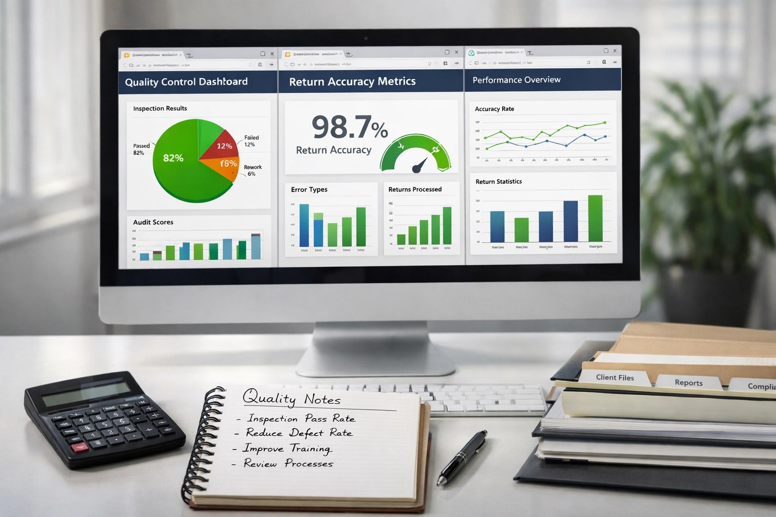 Quality control dashboard monitoring tax return accuracy and reject rate metrics