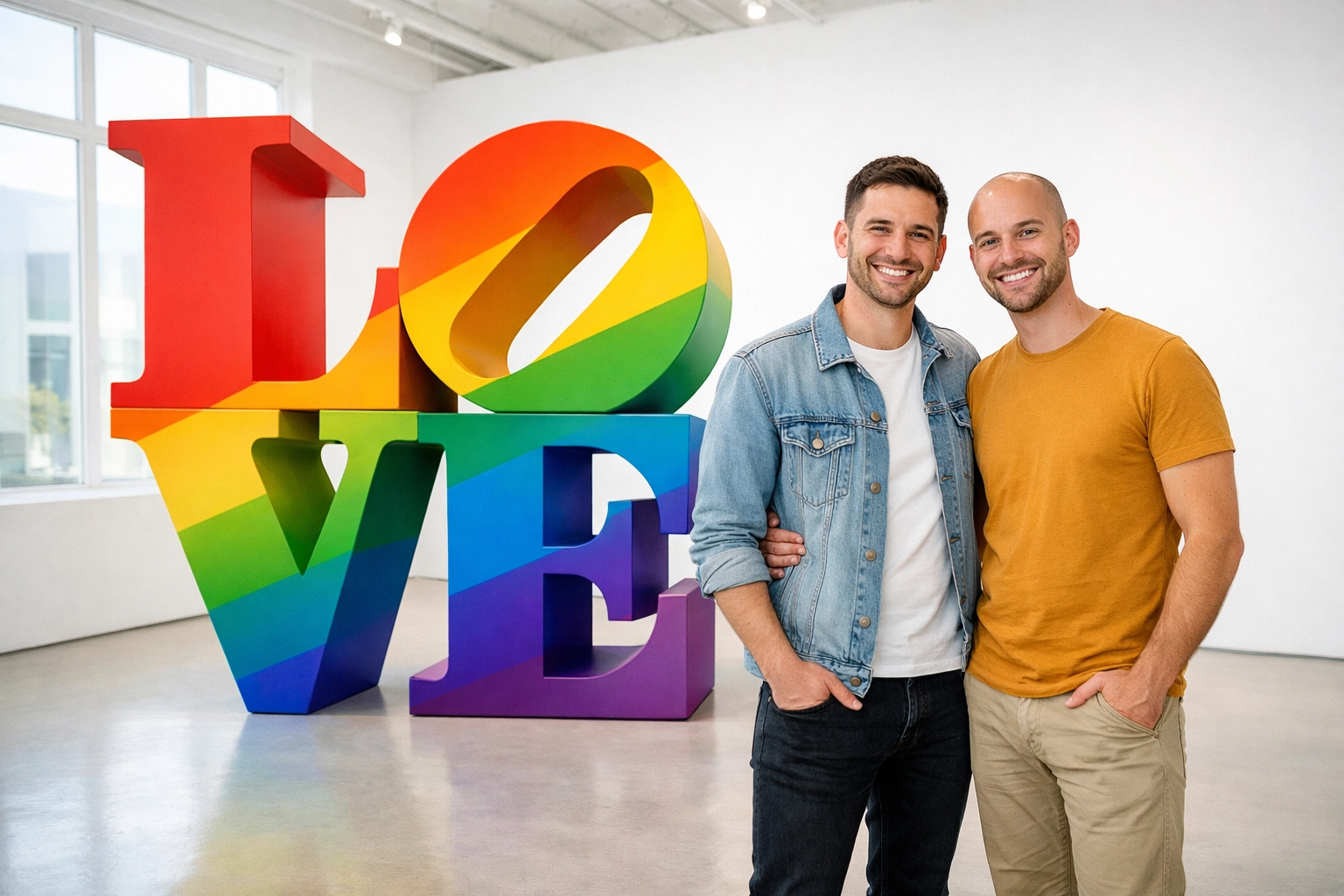 Rainbow LOVE sculpture by gay artist Robert Indiana with LGBTQ couple celebrating queer love and art