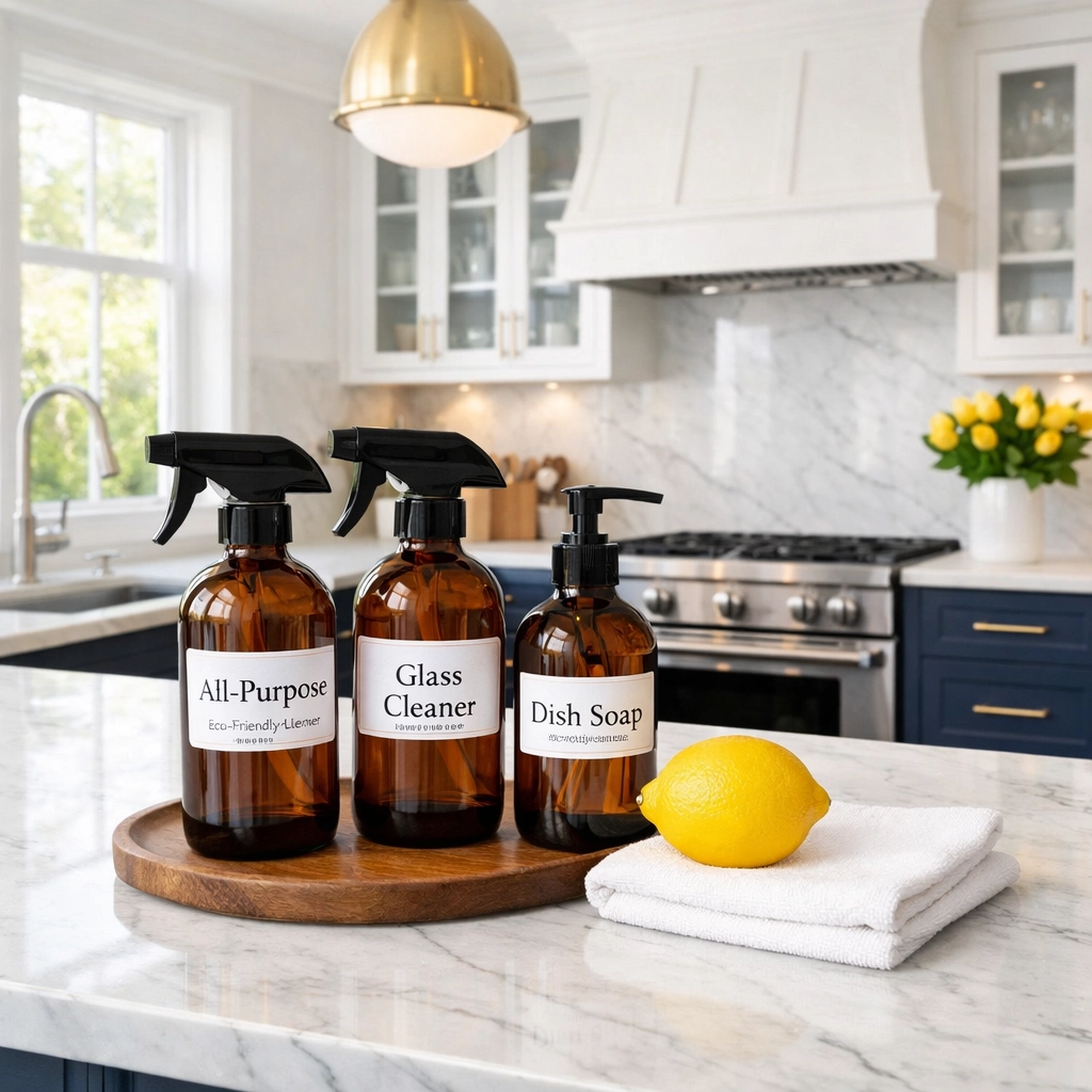 Eco-friendly house cleaning Andover supplies on a marble counter for a safe, non-toxic home.