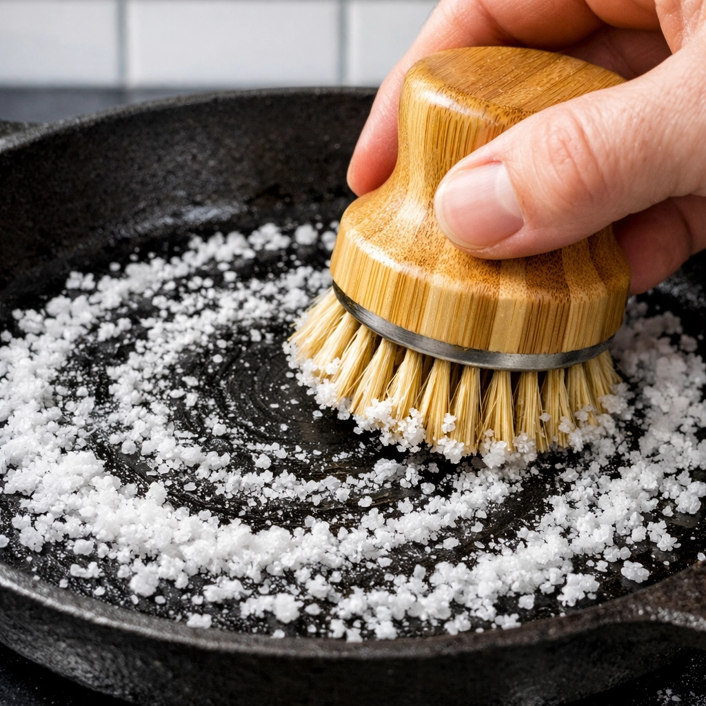 Hand using a bamboo brush to scrub coarse kosher salt into a cast iron skillet for natural cleaning.