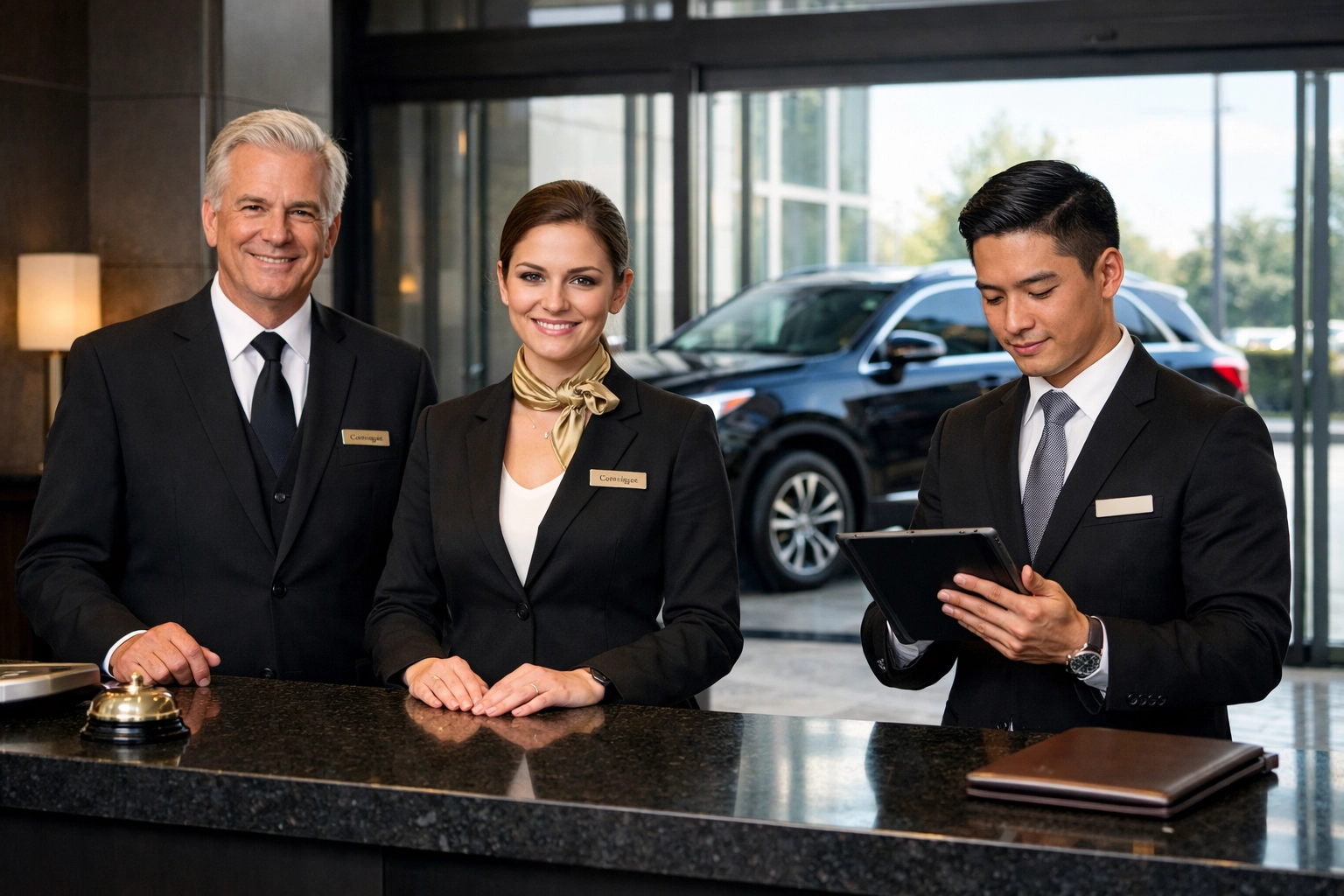 Professional corporate concierge team managing luxury executive transportation and logistics for Super Bowl guests.