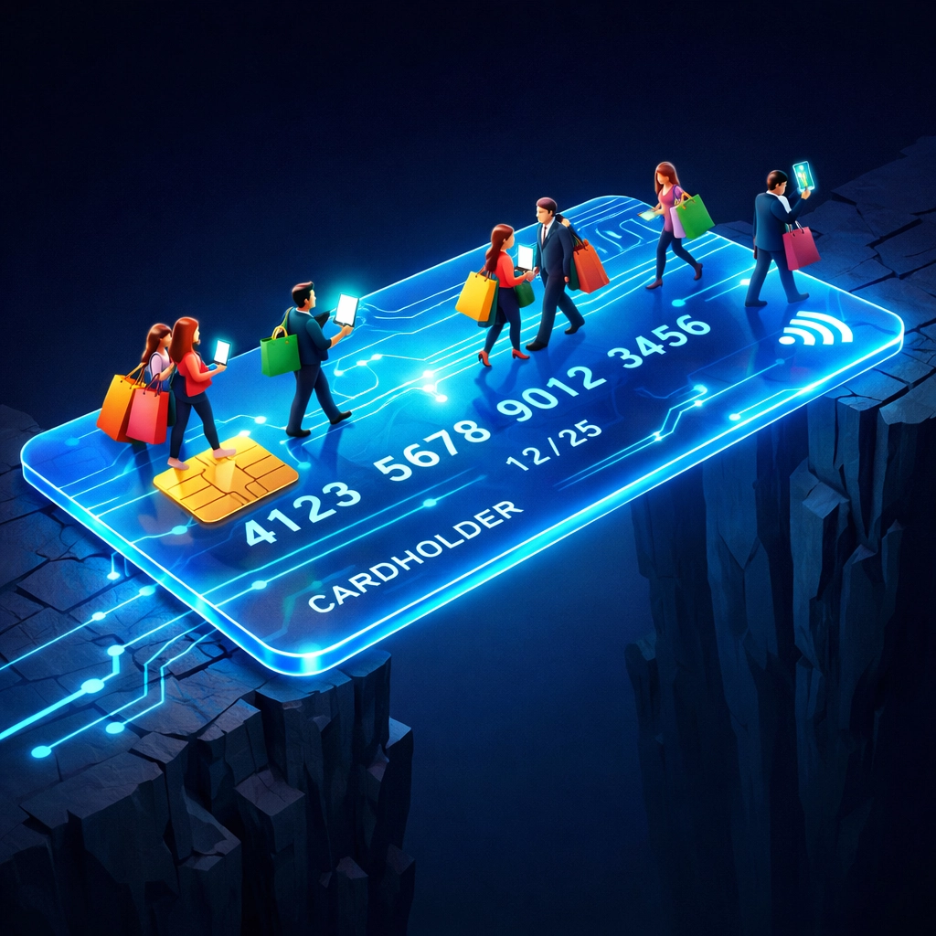 A giant credit card bridge over a dark void, illustrating the precarious nature of a debt-fueled economy.