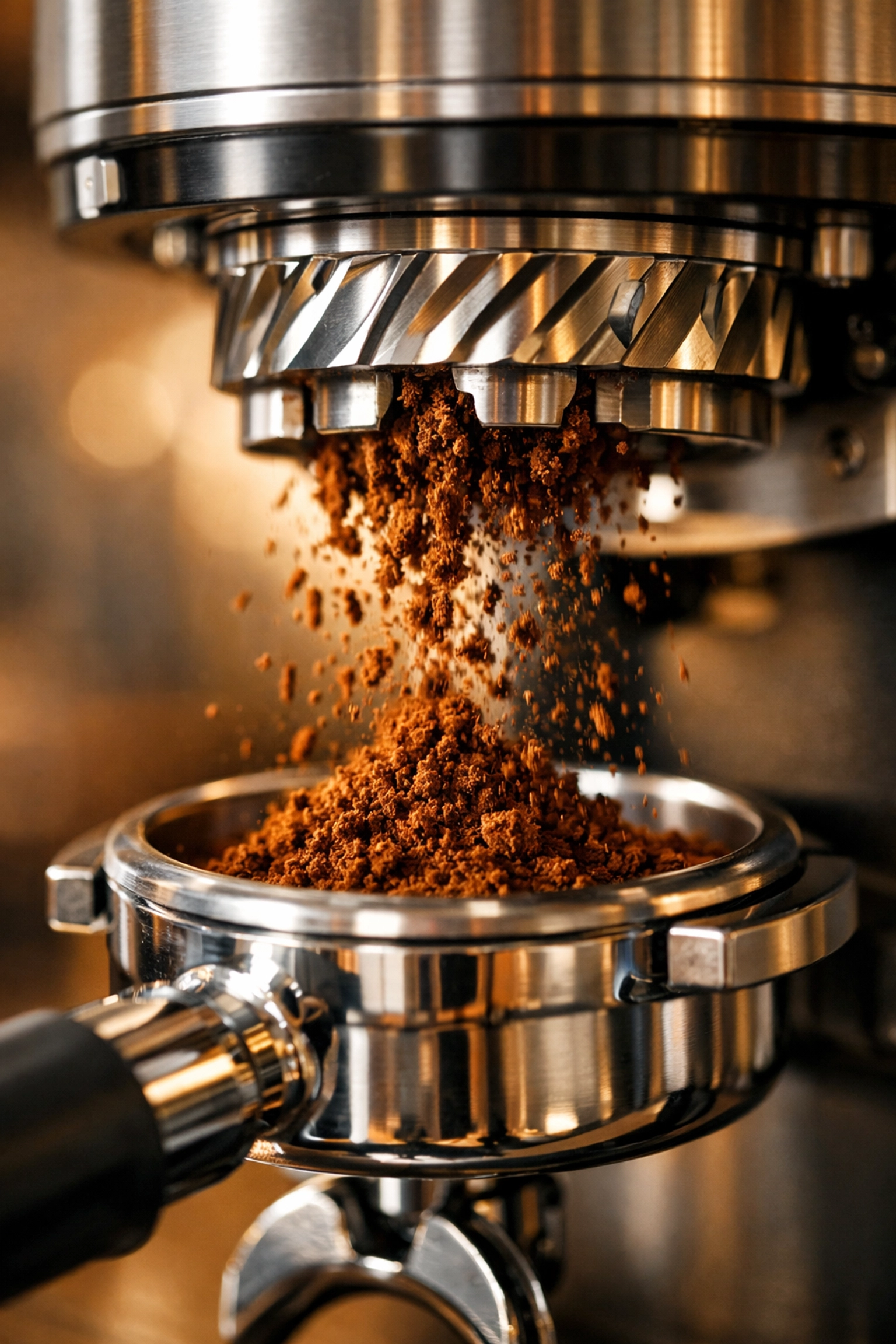 Close-up of burr grinder mechanism grinding fresh coffee beans into portafilter