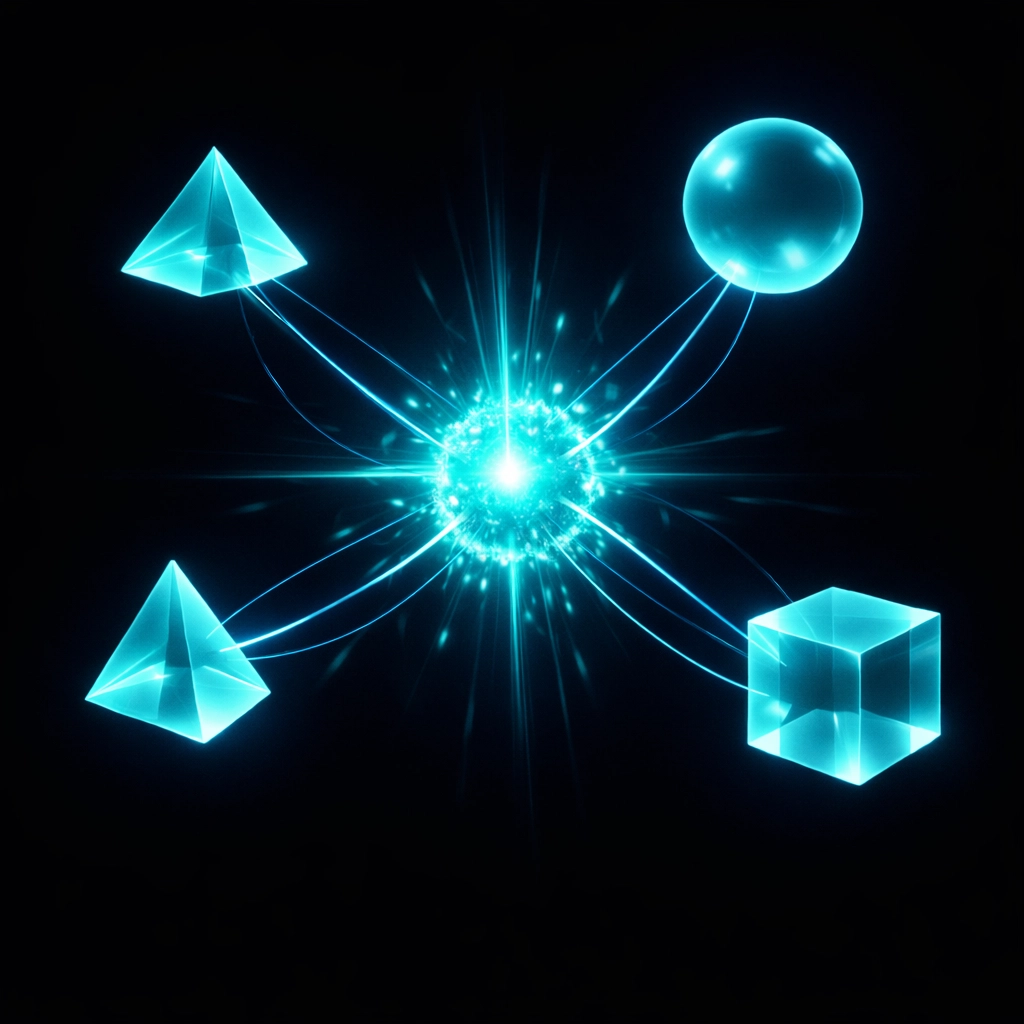 Interconnected digital shapes converging into a central core representing a unified testing system.