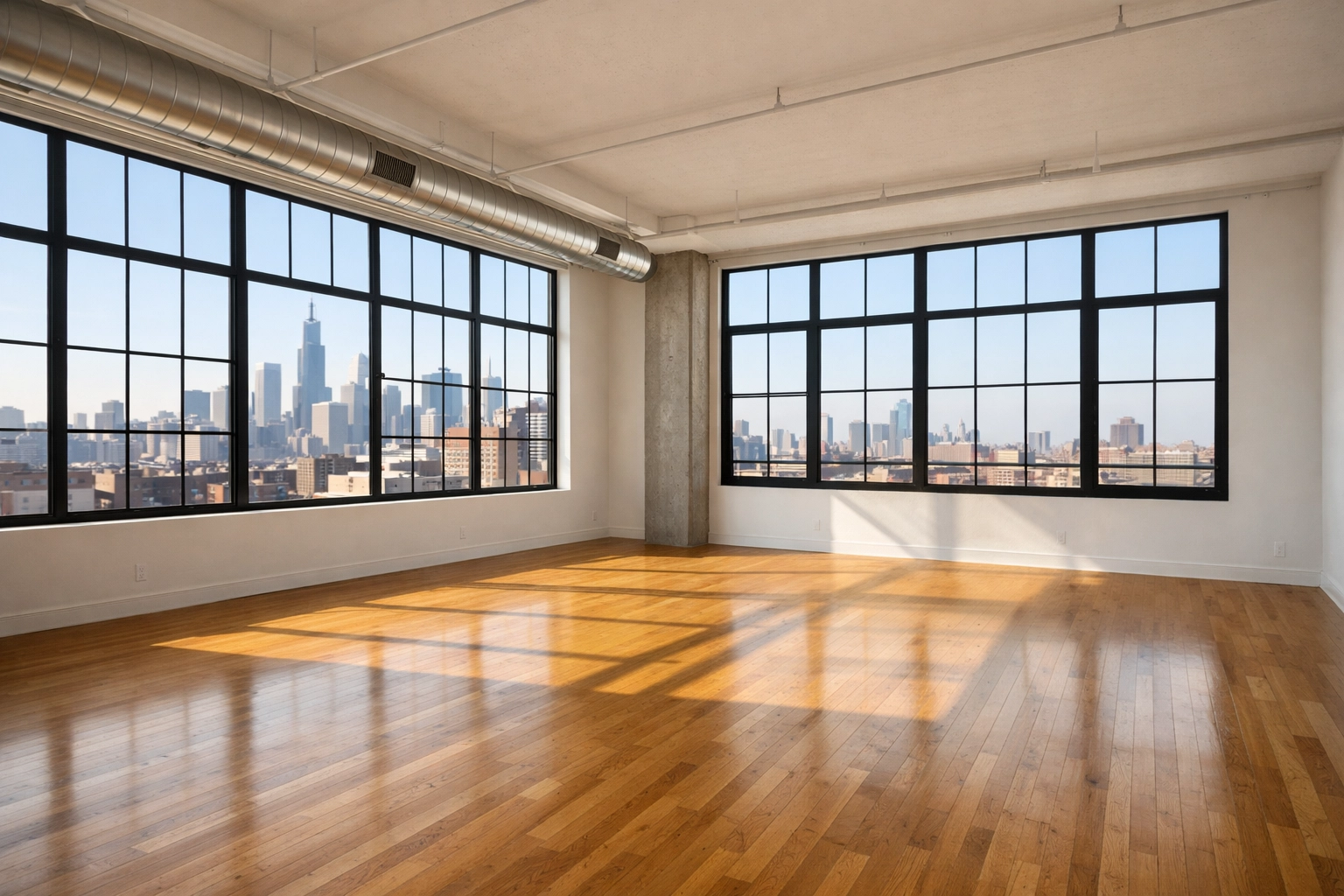 Empty Chicago loft apartment with clean hardwood floors ready for move out cleaning turnover.
