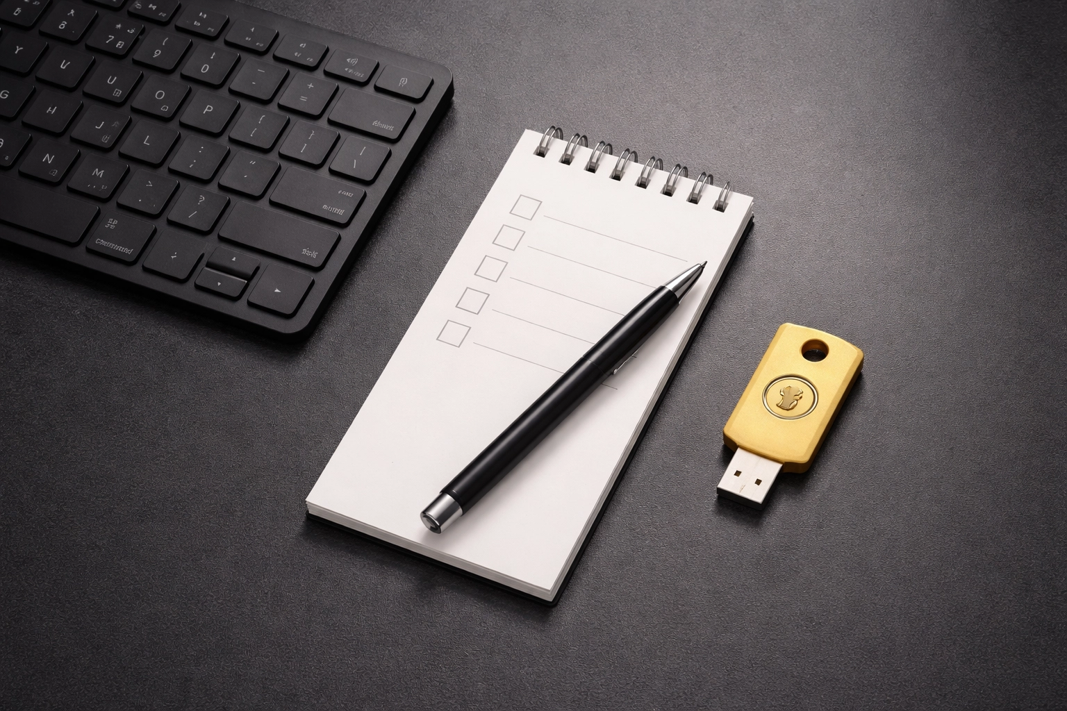 Minimalist desk with checklist and hardware security key shows planning for organisation cyber security upgrades.
