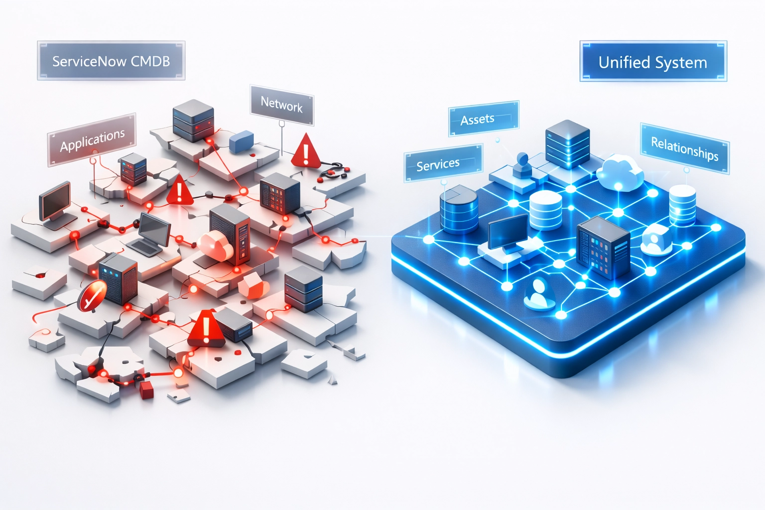 Fragmented vs integrated ServiceNow CMDB showing ITOM and ITAM data unification benefits