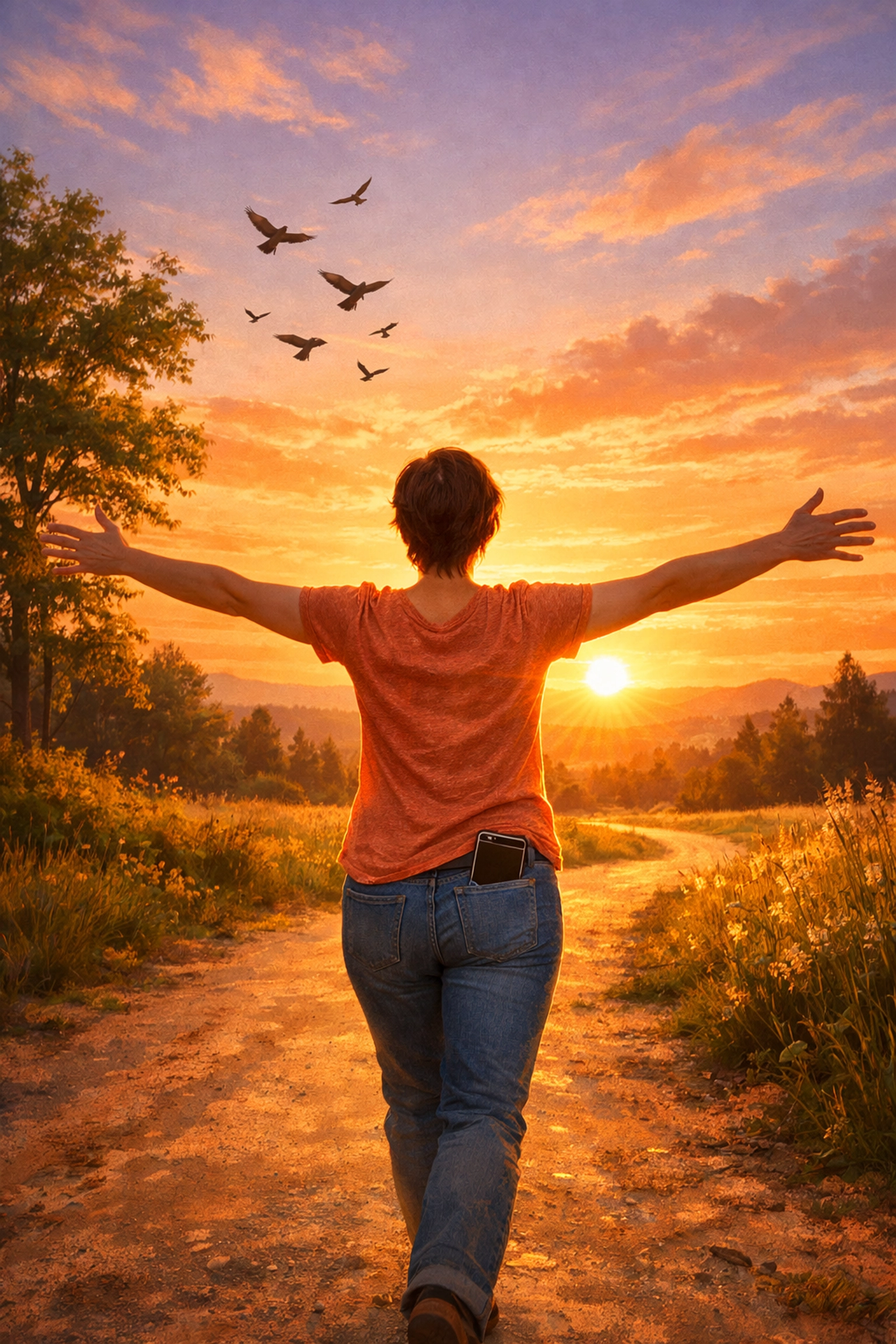 Person walking outdoors with arms wide in freedom with phone away enjoying life beyond news feeds