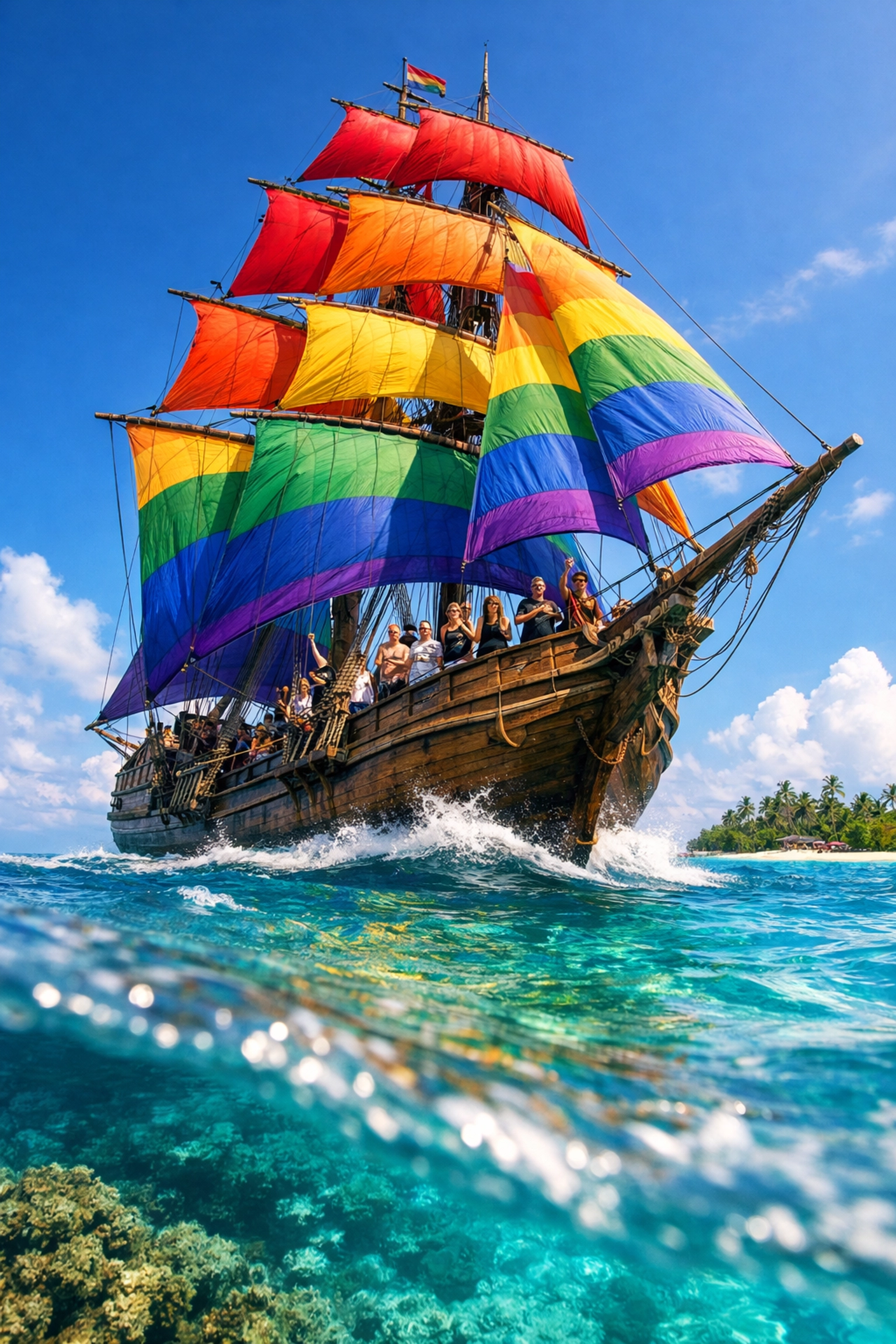 The Gayflower ship with vibrant rainbow sails navigating the Coral Sea toward Cato Island for queer sovereignty.
