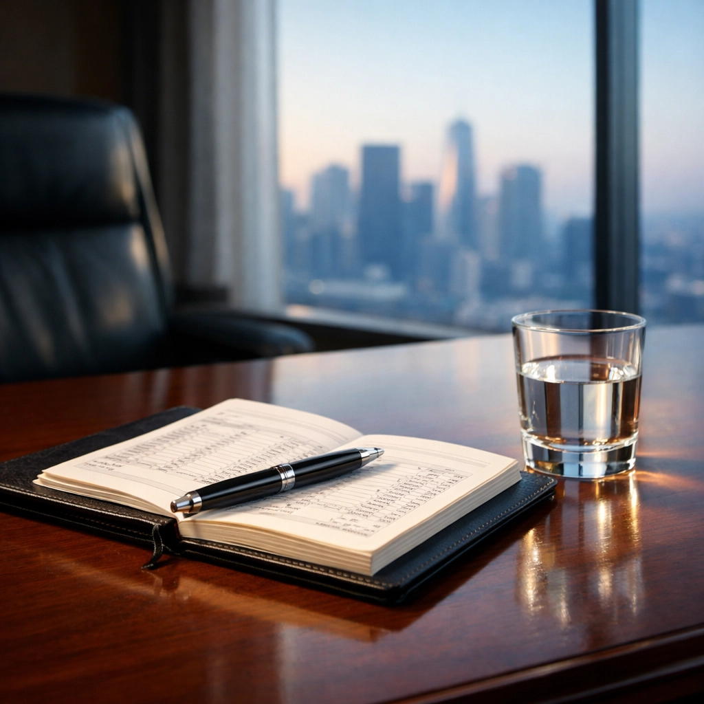 Professional financial ledger and pen on a desk representing property management EBITDA and SDE valuation.