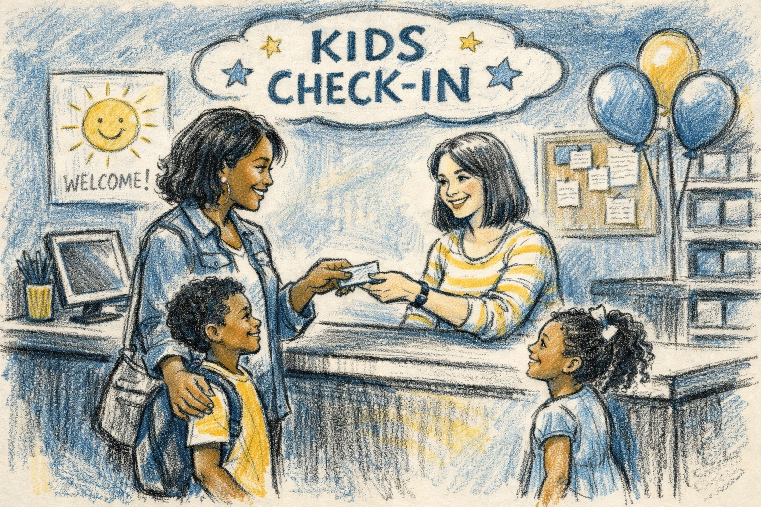 Parent checking in children at a safe, kid-friendly check-in station