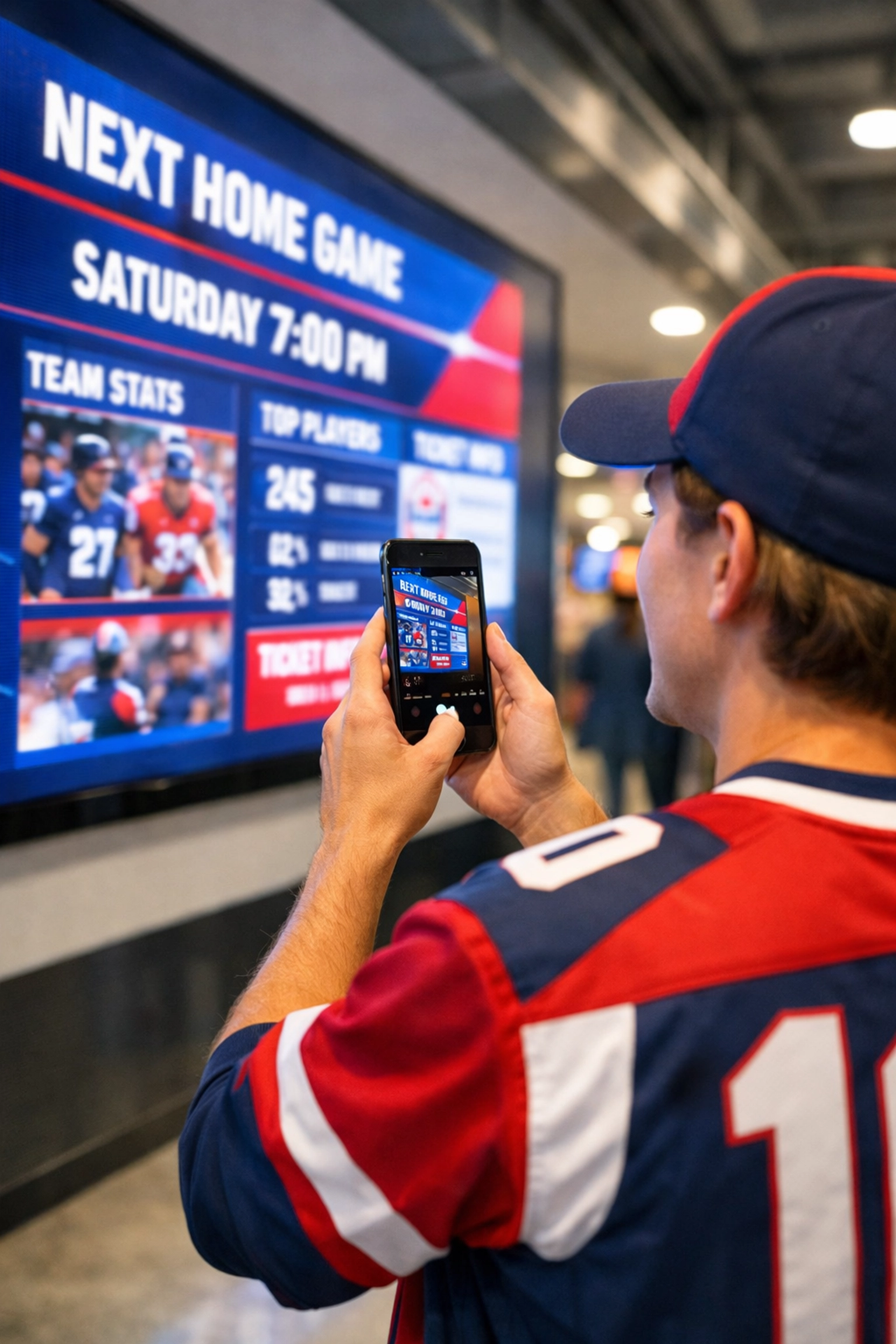 A sports fan interacts with a digital screen in a stadium using a smartphone for mobile retargeting.
