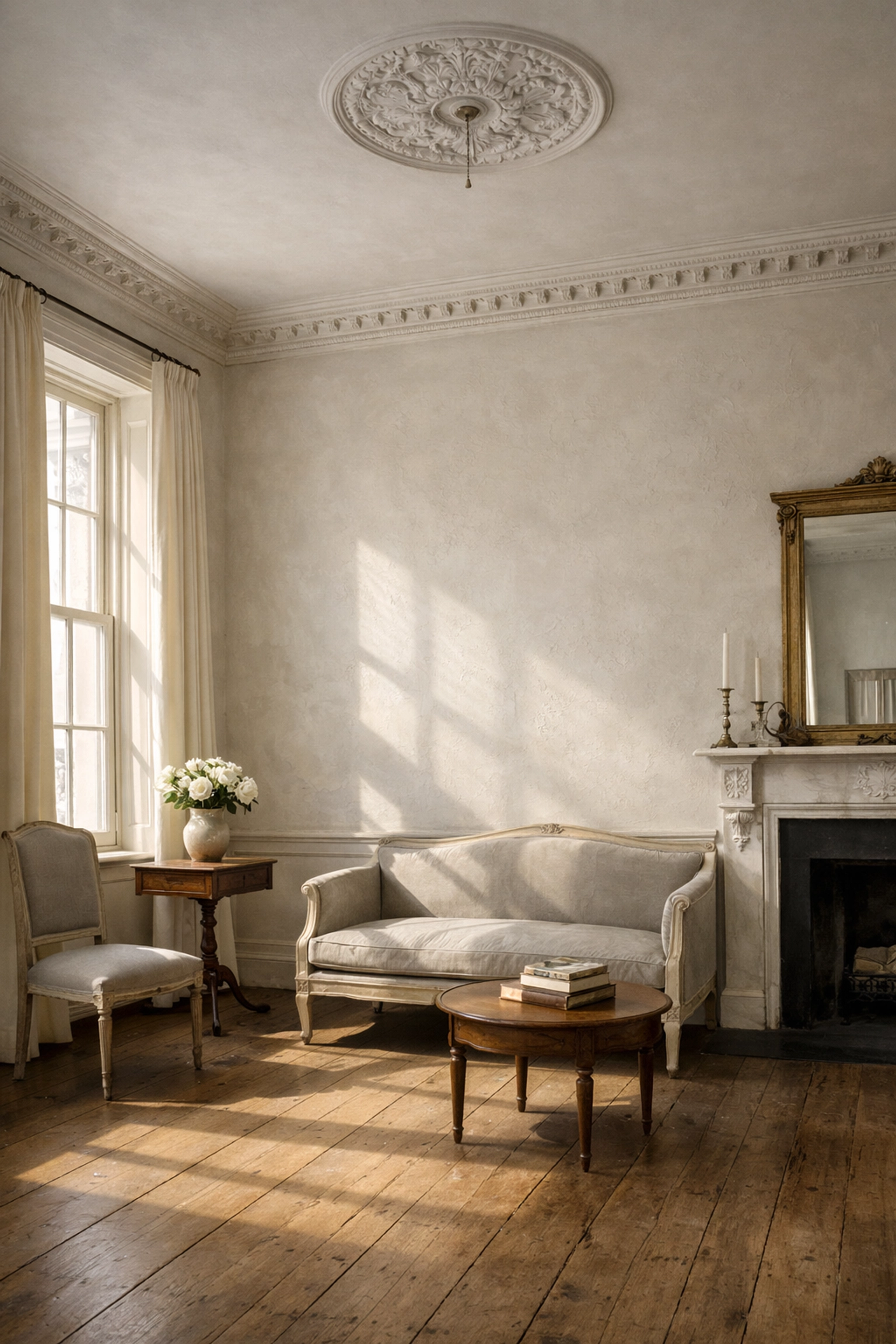 Cheltenham Regency interior with lime plaster walls and original decorative cornicing