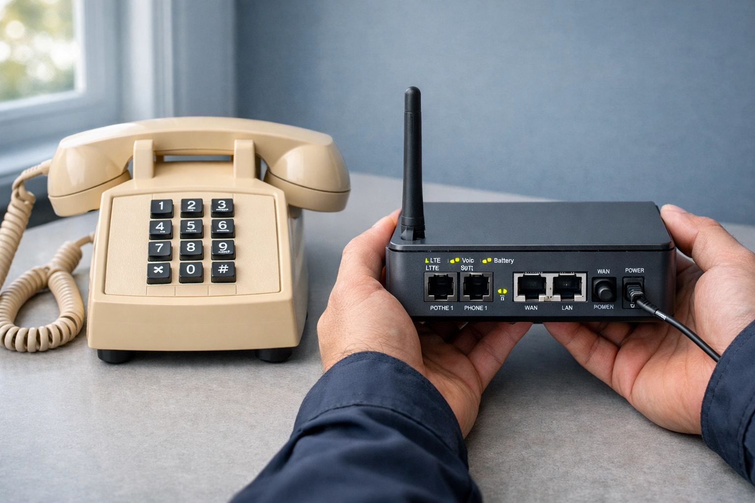 Cellular POTS replacement device next to traditional analog telephone showing copper sunset technology upgrade