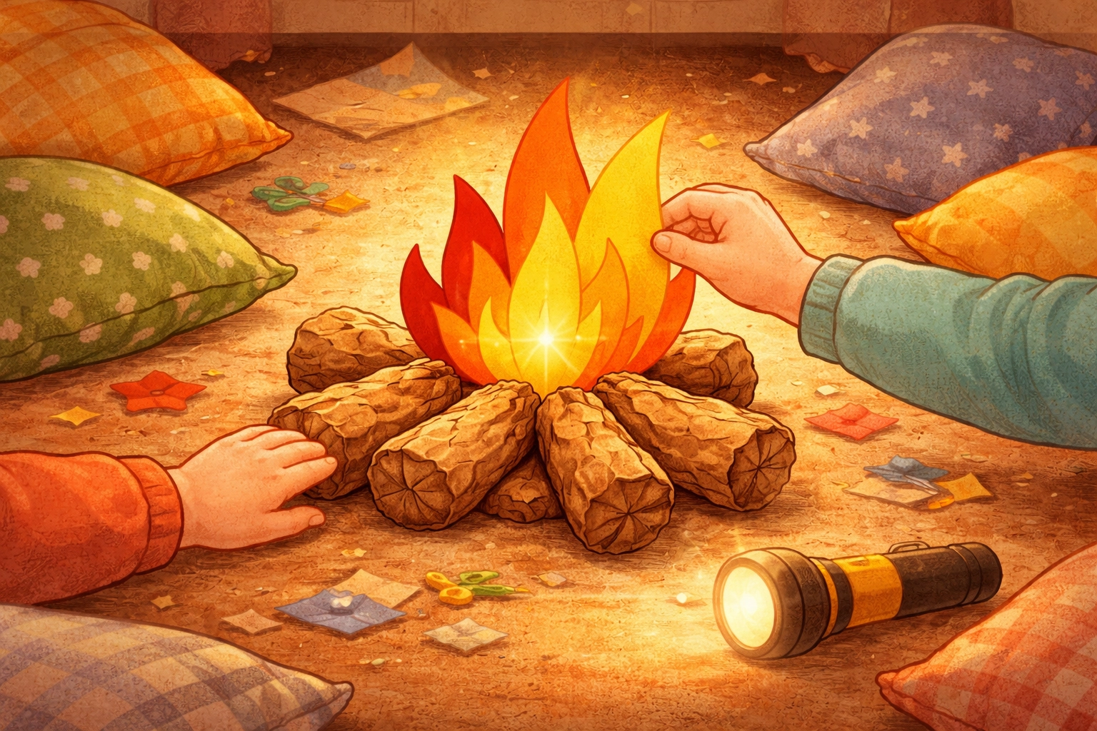 Children create a paper campfire craft on the living room floor for indoor camping activities