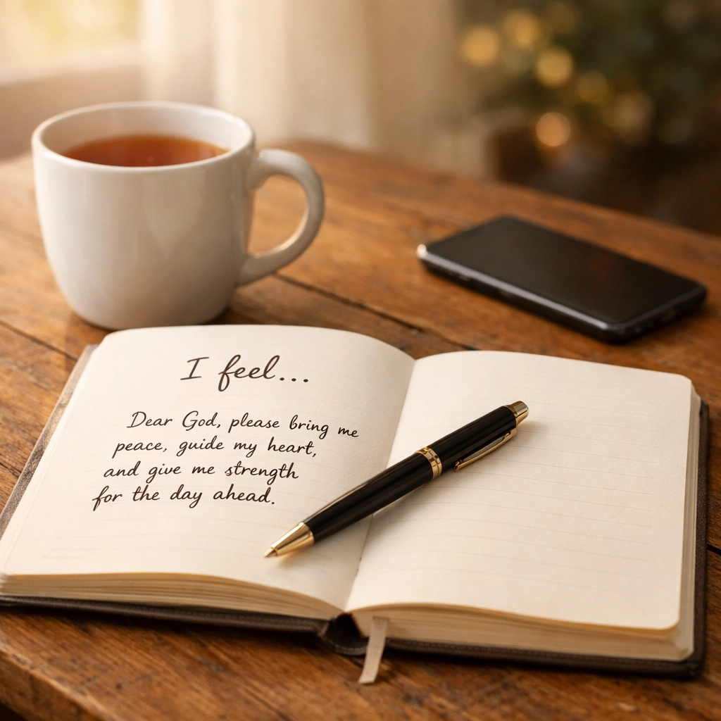 Open journal with prayer and emotions written beside phone placed face-down on table