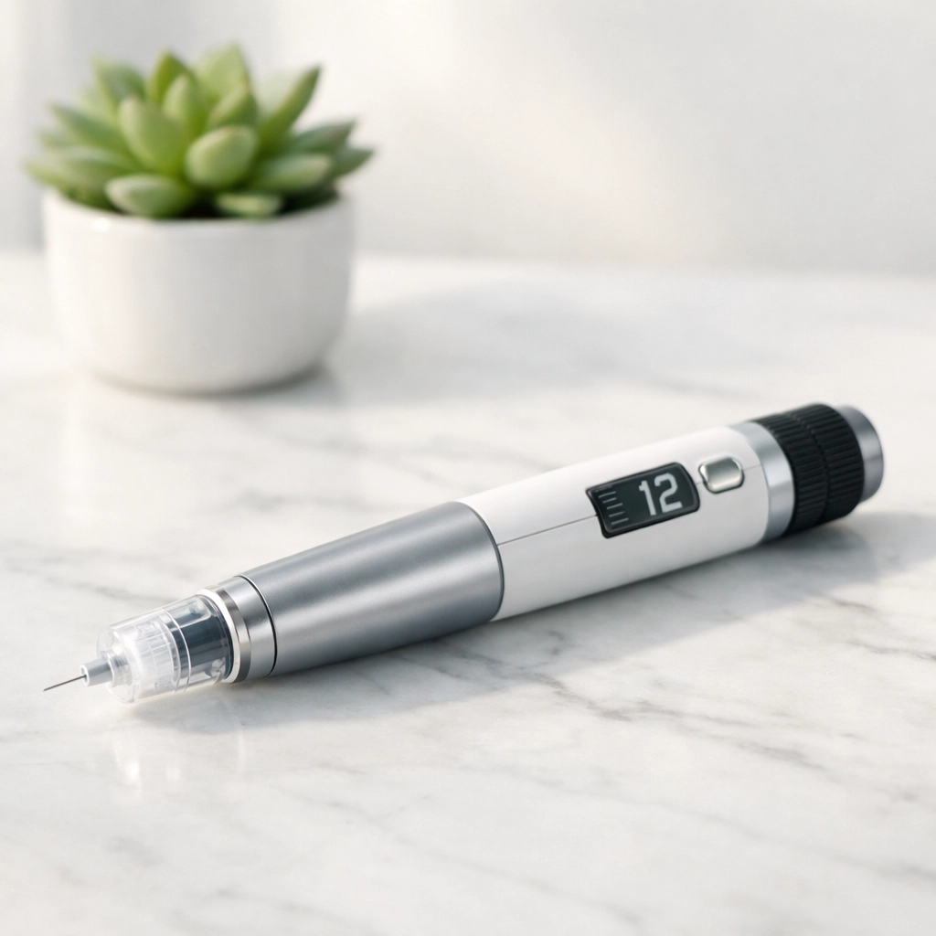 Sleek medical injection pen used for weight loss treatments like Wegovy and tirzepatide on a clean surface.