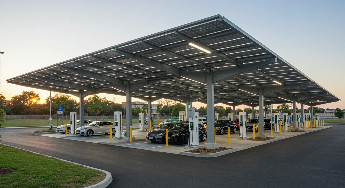 Large Solar Carport with EV Charging Stations