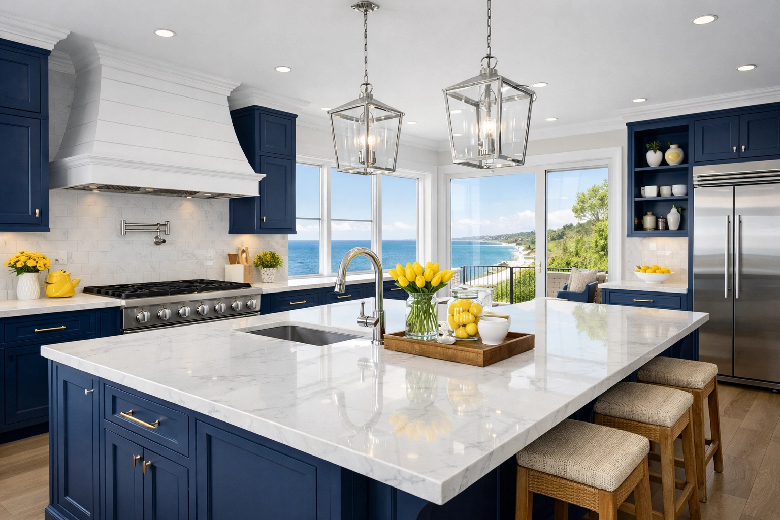 Luxury kitchen deep cleaning in Marblehead with pristine marble countertops and polished appliances.