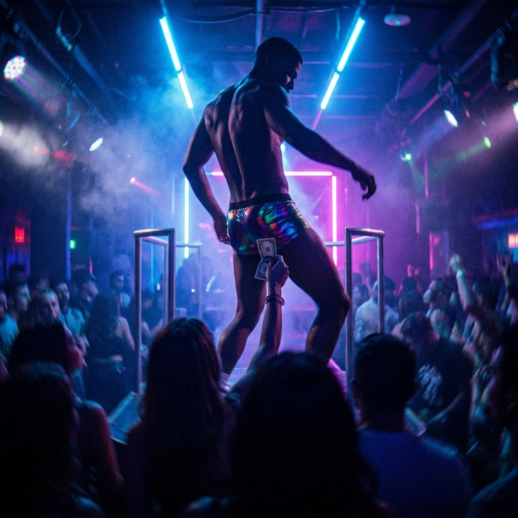 A gogo dancer performing on a neon stage in a gay club, capturing the hustle of nightlife.