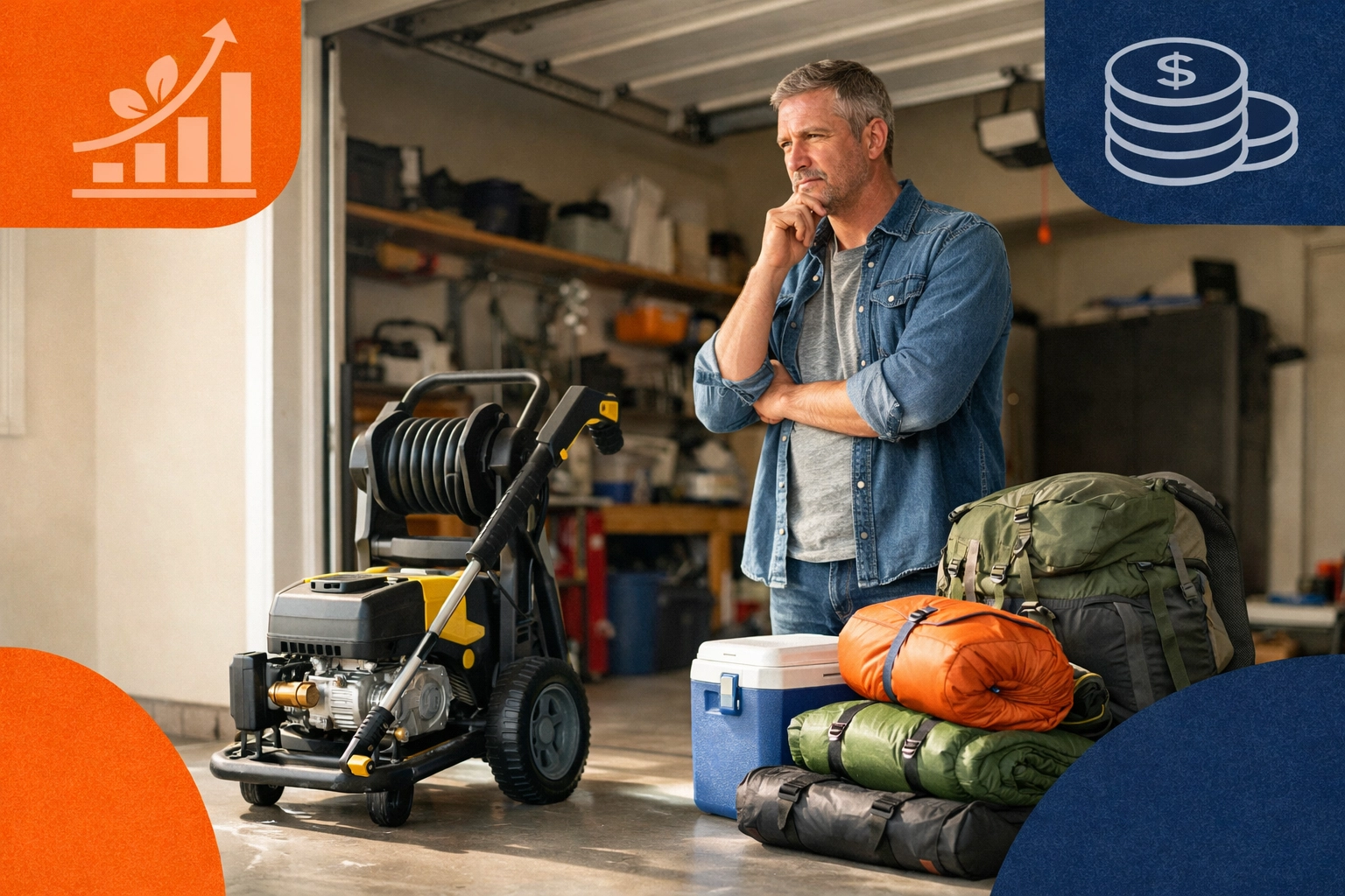 Homeowner in a garage assessing a power washer and camping gear to rent for passive income.