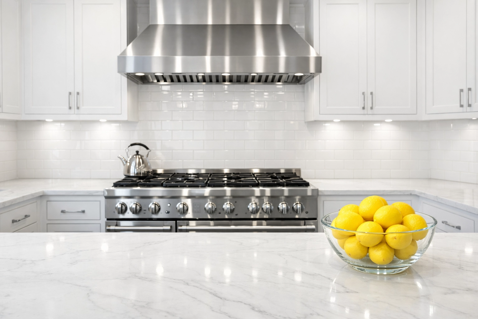 Deep cleaned Porter Square kitchen featuring sanitized marble countertops and a sparkling stove.