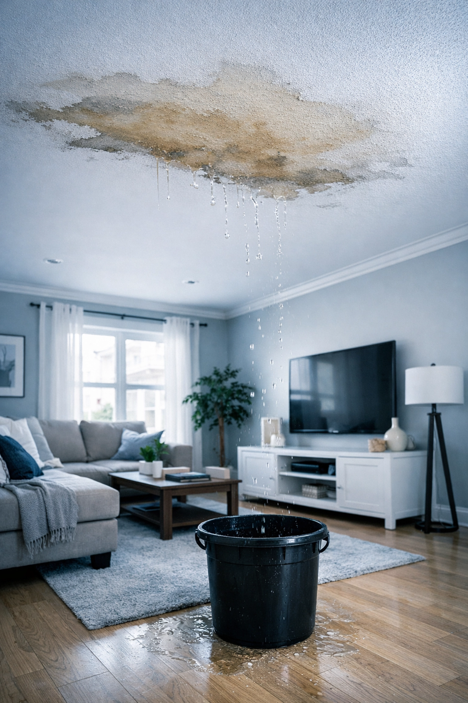 Water damage and ceiling leak in home caused by roof failure