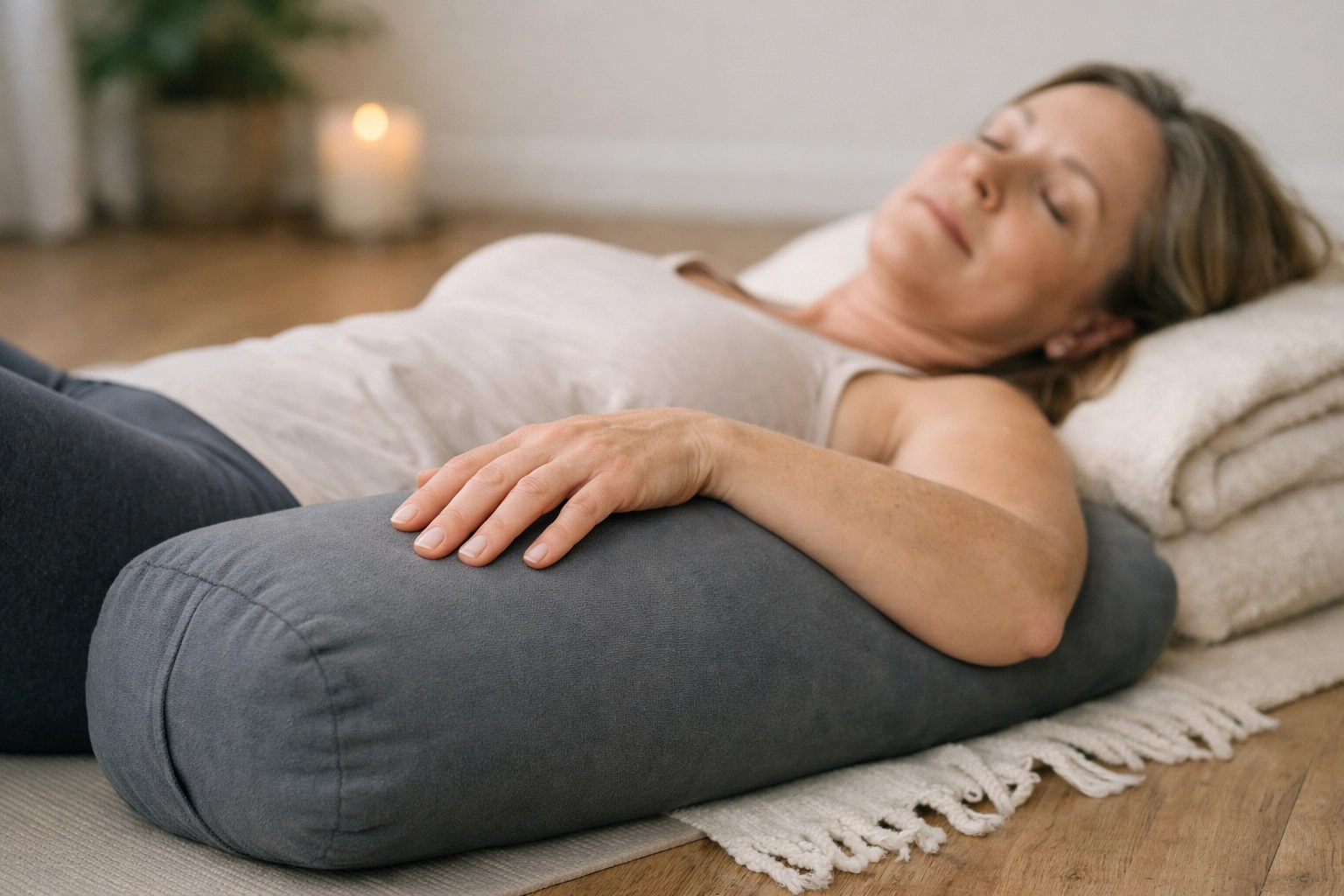 Hands relaxing on bolster during yin yoga pose for perimenopause rest and recovery