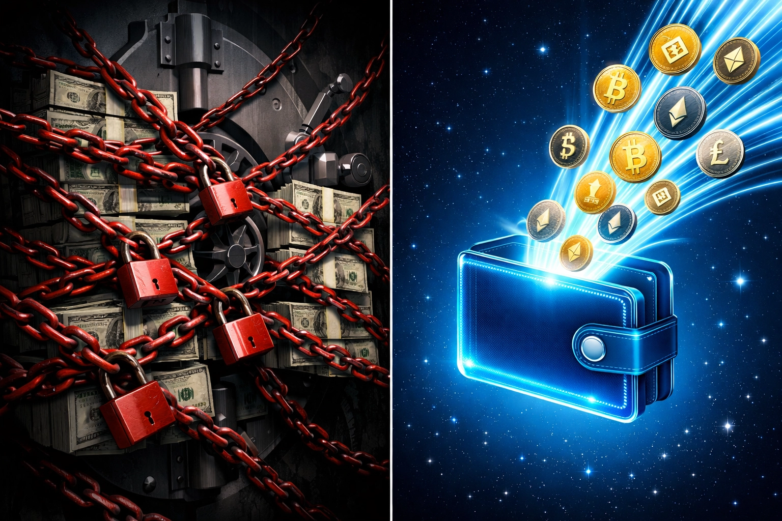 Traditional bank vault chains restricting cash versus self-custody crypto wallet with free-flowing payments