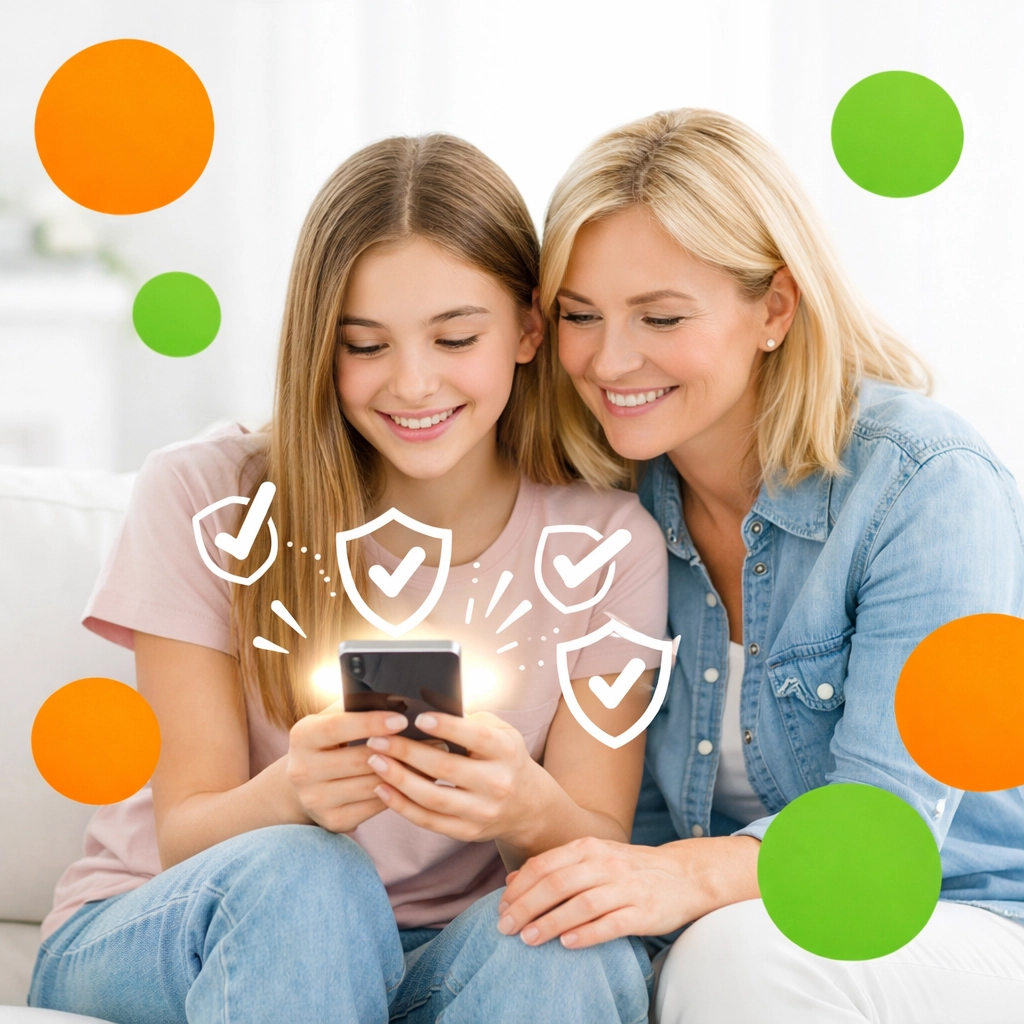 Mother and teenage daughter reviewing app permissions as part of an online life skills program for teens.