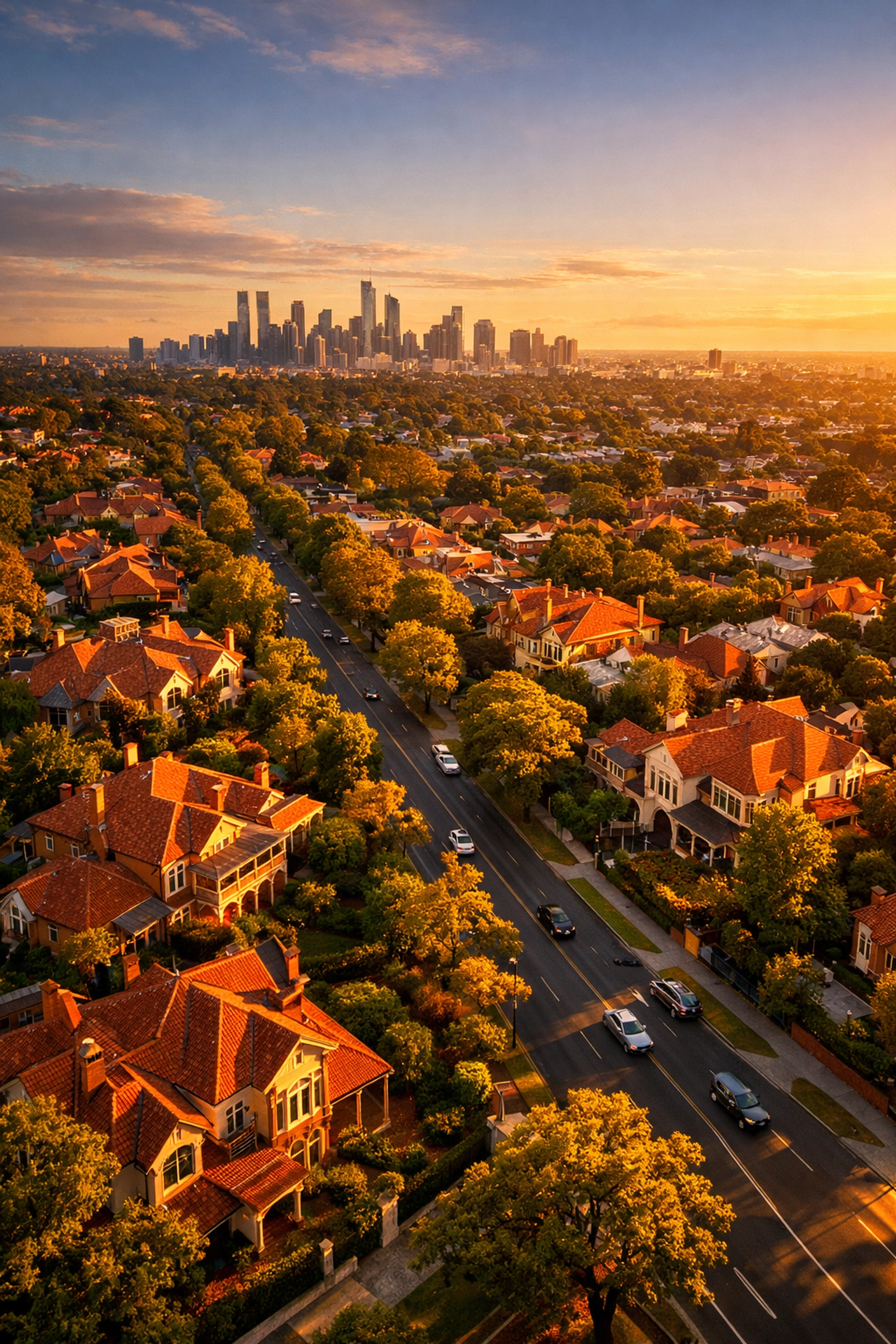 Aerial view of Melbourne's eastern suburbs showcasing prestige heritage homes and tree-lined boulevards