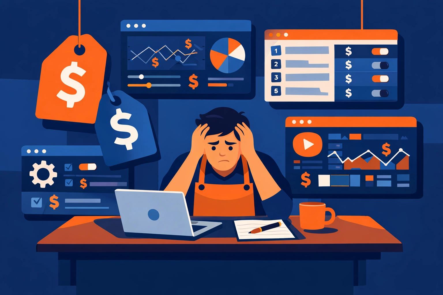 Business owner overwhelmed by complex enterprise field service software with hidden costs