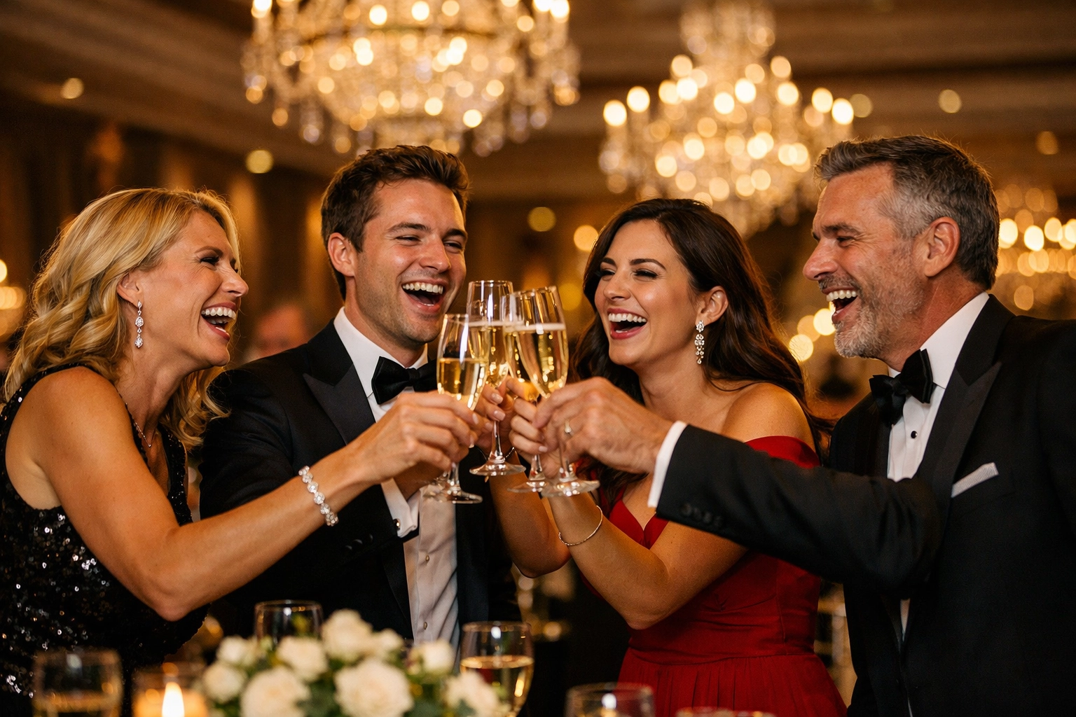 High-quality professional event photography showing guests toasting in a luxury ballroom.