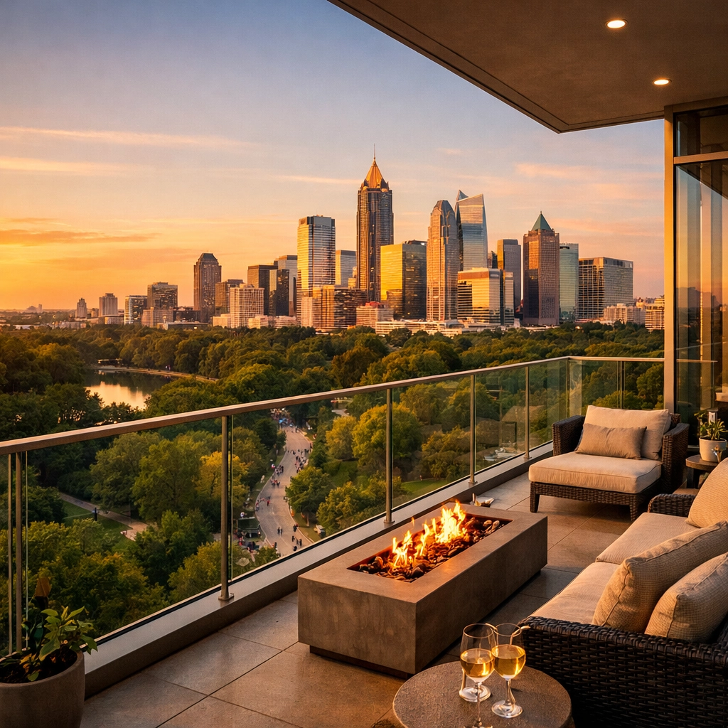 Modern Midtown Atlanta balcony overlooking the skyline and Beltline, showcasing a high-value rental property.