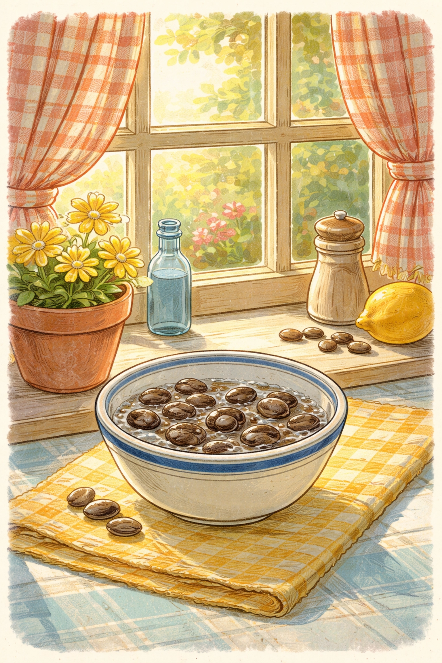 Loofah seeds soaking in a bowl of water on a sunny windowsill, an important first step in growing loofah sponges from seed.